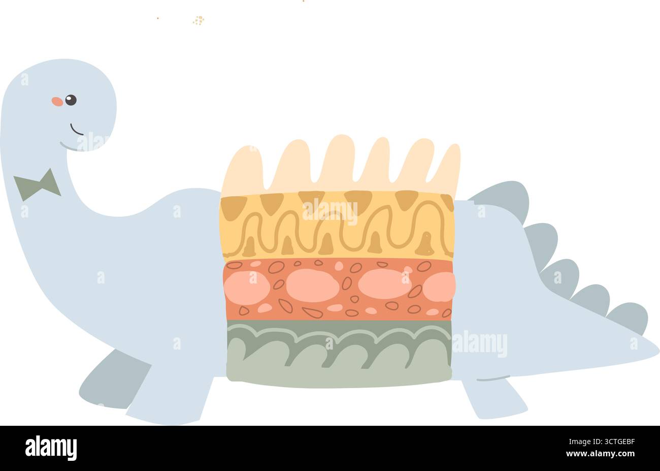 Dinosaure de dessin animé mignon avec des motifs décoratifs dans un design adapté aux enfants. Illustration de Vecteur