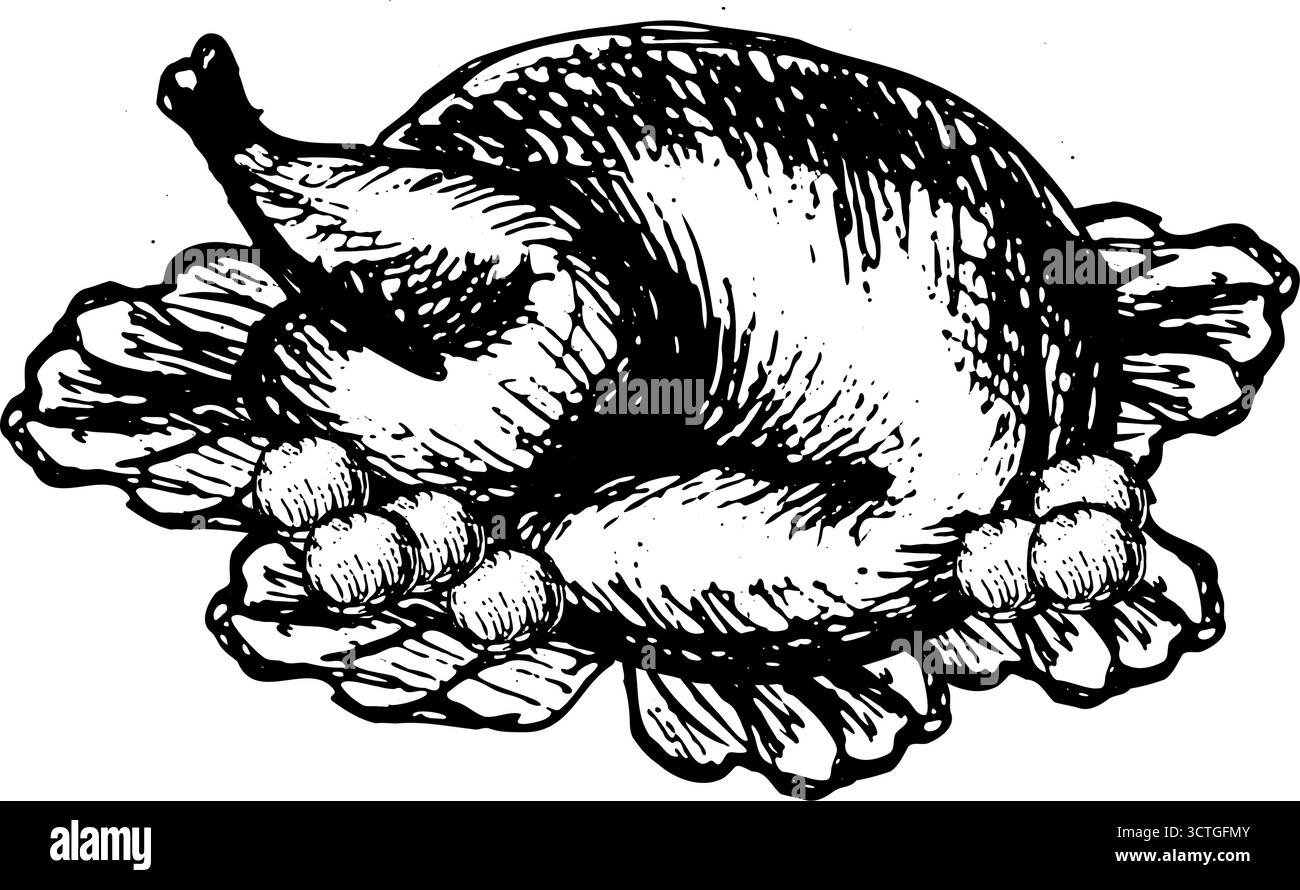 Croquis de dinde rôtie de Thanksgiving. Dinde illustration dessinée à la main isolé. Croquis de nourriture de vacances vectoriel pour la conception de cartes, de menus et d'emballages. Illustration de Vecteur