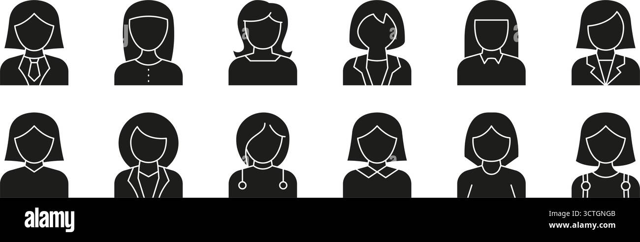 Icônes d'avatar féminin avec tenues professionnelles et décontractées Solid Icon Set. Symboles de profil utilisateur pour identité, interface et silhouette de contact professionnel Illustration de Vecteur