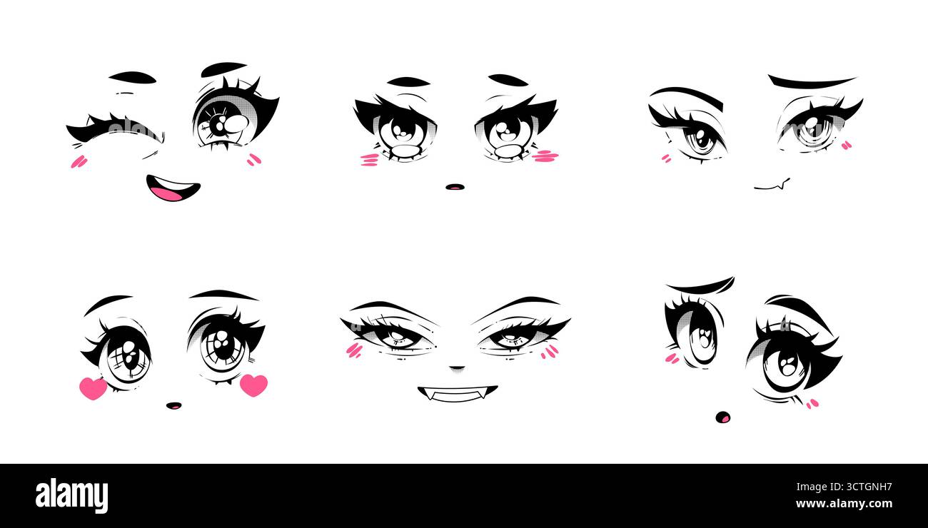 Expressions faciales Kawaii avec style anime - visages de fille montrant des émotions claquant et pleurant, souriant et rougissant avec des joues roses pour la conception de personnages de manga. Yeux noirs, bouches et marqueurs émotionnels. Illustration de Vecteur