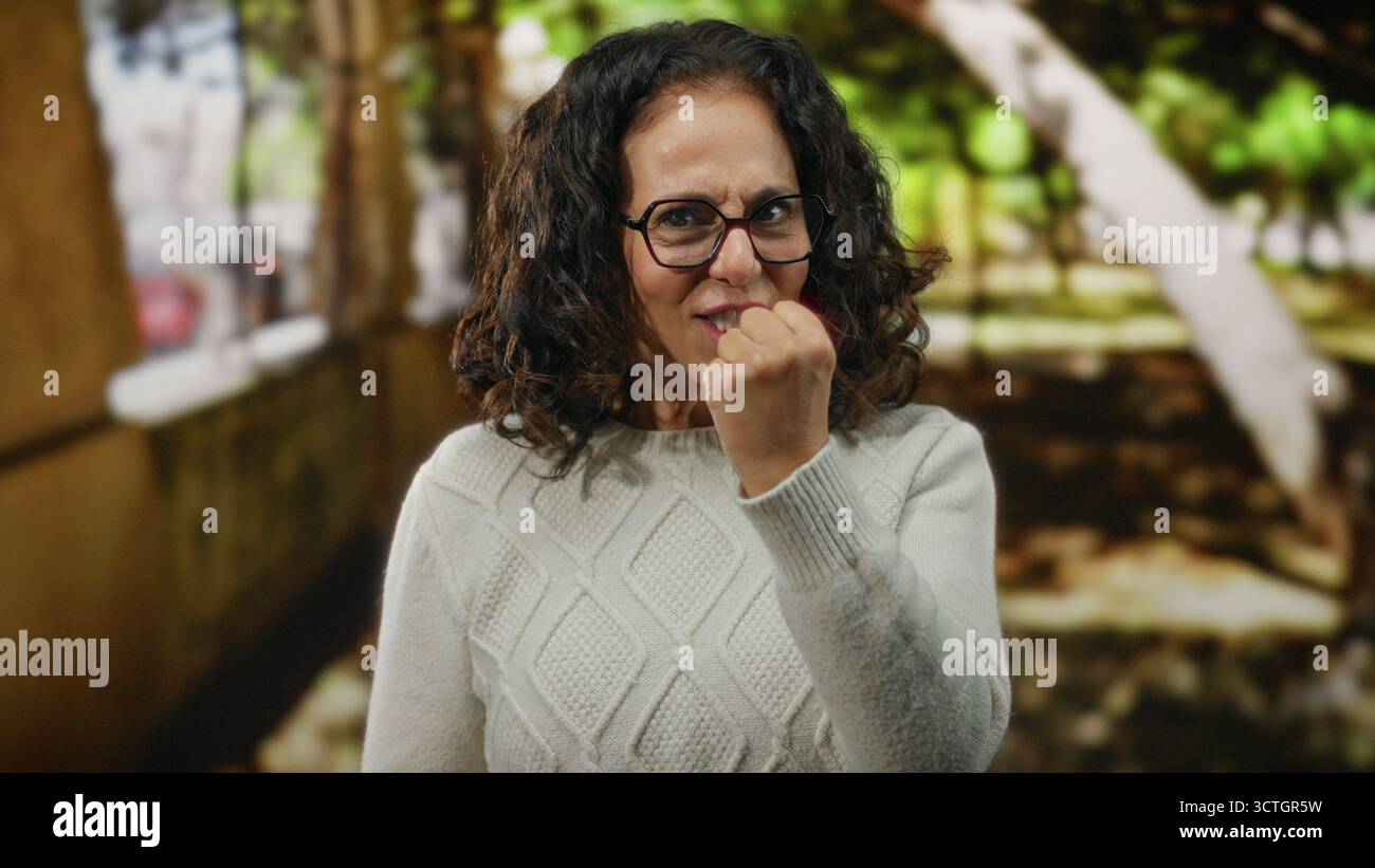 Femme aux cheveux bouclés dans un cadre urbain extérieur, exprimant l'intensité émotionnelle à travers son expression faciale et le poing serré, portant des lunettes et un w Banque D'Images
