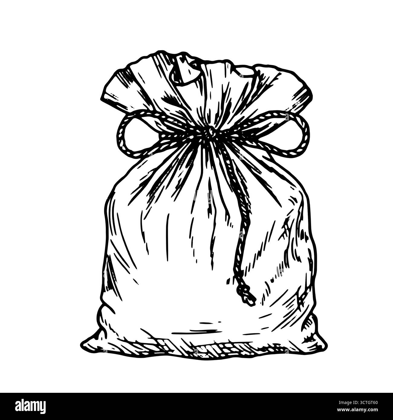 Sac en toile attaché avec ficelle, croquis noir et blanc. Illustration vectorielle. Emballage pour stocker de la nourriture et des cadeaux, isolé sur fond blanc. Nourriture et Illustration de Vecteur