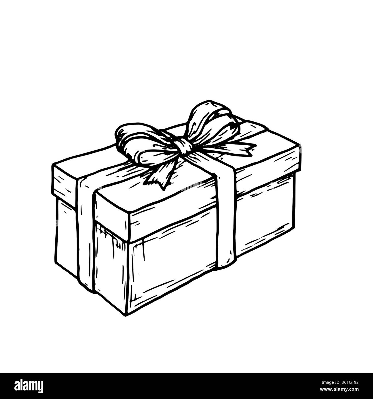 Boîte cadeau avec un noeud, croquis noir et blanc. Illustration vectorielle. Emballage festif, isolé sur fond blanc. Anniversaire, Noël, nouvel an an an Illustration de Vecteur