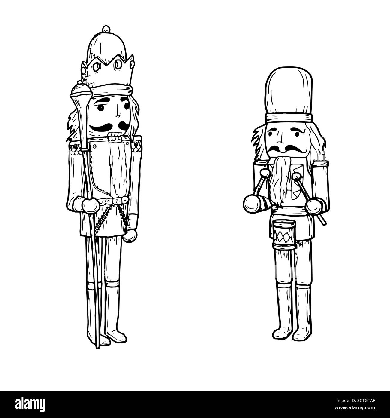 Casse-noisettes en bois, croquis noir et blanc. Illustration vectorielle. Un jouet de Noël traditionnel, ensemble est isolé sur un fond blanc. Le concept de New Yea Illustration de Vecteur