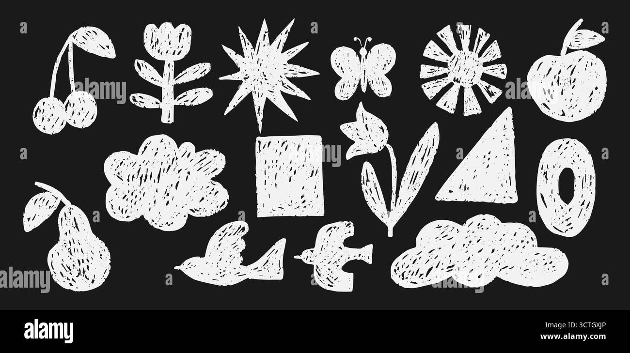 Crayon naïf dessiné à la main White Chalk Doodle Shapes Illustration de Vecteur