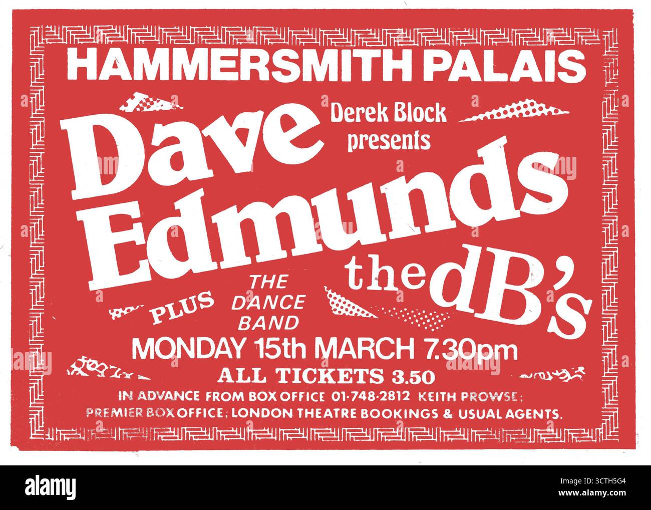 Annonce de concert. Dave Edmunds, soutenu par la DBS et le Dance Band. 15 mars 1982 Hammersmith Palais. Derek Block présente. Tous les billets £3,50. Numérisé à partir du papier musical sons. Banque D'Images