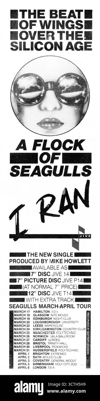 Un troupeau de mouettes. Nouveau single que j'ai couru. Sur disque photo 7 pouces, 7 pouces et 12 pouces. Produit par Mike Howlett. Jive Records. Scanné à partir de sons le 13 mars 1982. Également dates de tournée au Royaume-Uni mars avril 1982. Le battement des ailes au-dessus de l'âge du silicium. Banque D'Images