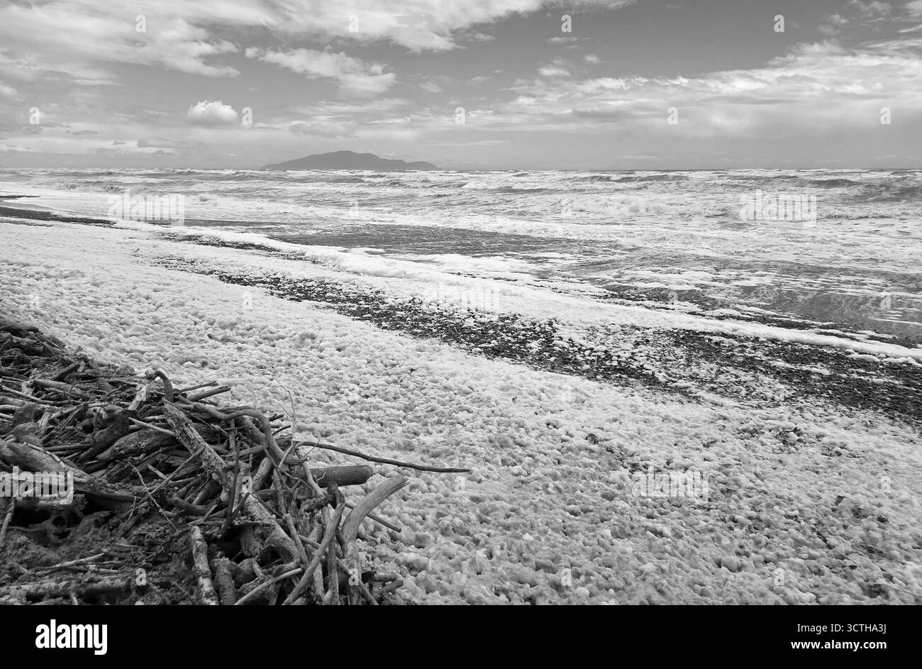 La fin d'un coup au sud à la plage de te Horo a laissé une plage pleine d'écume mousseuse - Image de stock capturée avec un smartphone