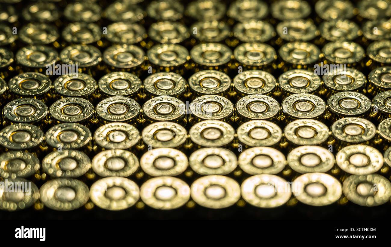 Allemagne. 1er octobre 2025. Les cartouches en calibre Luger 9 mm sont dans une armoire à canon d'un tireur sportif. Le calibre Luger de 9 mm (également 9×19 ou Parabellum) est l'une des munitions de pistolet les plus couramment utilisées et nécessite un permis en Allemagne. Crédit : Silas Stein/dpa/Alamy Live News Banque D'Images