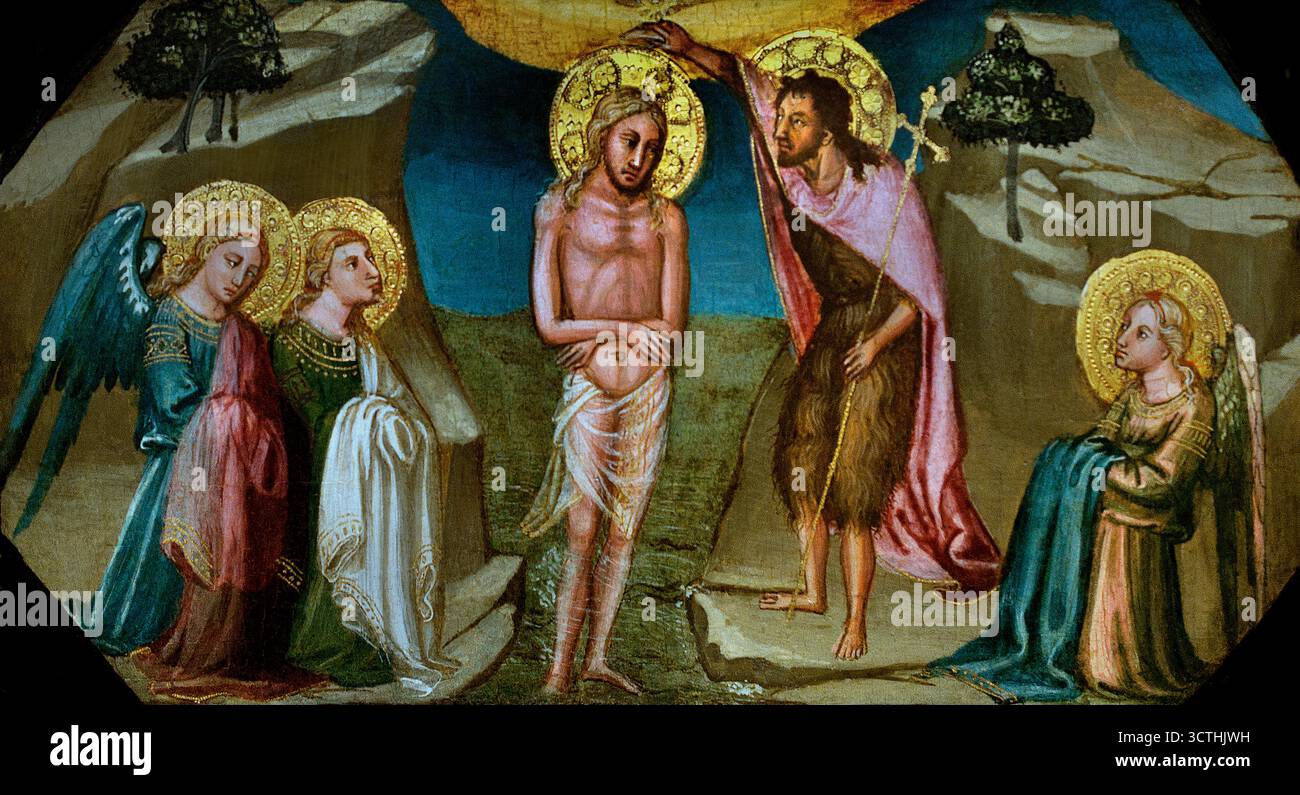 Baptême du Christ par Bicci di Lorenzo (1373-1452) Italie Italien ( représentant Jean le Baptiste (né la 1re décennie avant notre ère, Judée, Palestine, près de Jérusalem - mort 28–36 ec ; jour de la fête le 24 juin) était un prophète juif d'origine sacerdotale qui prêchait l'imminence du jugement final de Dieu et baptisé ceux qui se repentaient dans l'auto-préparation pour elle ; il est vénéré dans l'église chrétienne comme le précurseur de Jésus Christ. Après une période de solitude dans le désert, Jean-Baptiste est apparu comme prophète dans la région de la basse vallée du Jourdain. Il avait un cercle de disciples, et Jésus était parmi les destinataires de son rite Banque D'Images