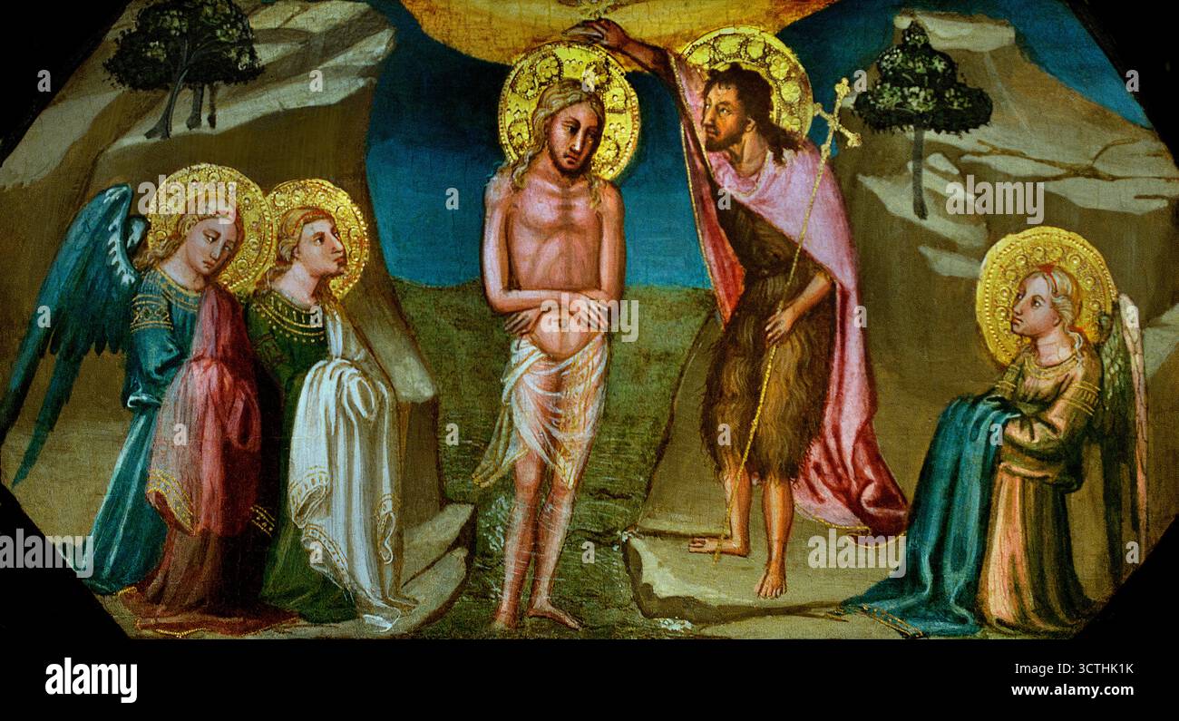 Baptême du Christ par Bicci di Lorenzo (1373-1452) Italie Italien ( représentant Jean le Baptiste (né la 1re décennie avant notre ère, Judée, Palestine, près de Jérusalem - mort 28–36 ec ; jour de la fête le 24 juin) était un prophète juif d'origine sacerdotale qui prêchait l'imminence du jugement final de Dieu et baptisé ceux qui se repentaient dans l'auto-préparation pour elle ; il est vénéré dans l'église chrétienne comme le précurseur de Jésus Christ. Après une période de solitude dans le désert, Jean-Baptiste est apparu comme prophète dans la région de la basse vallée du Jourdain. Il avait un cercle de disciples, et Jésus était parmi les destinataires de son rite Banque D'Images