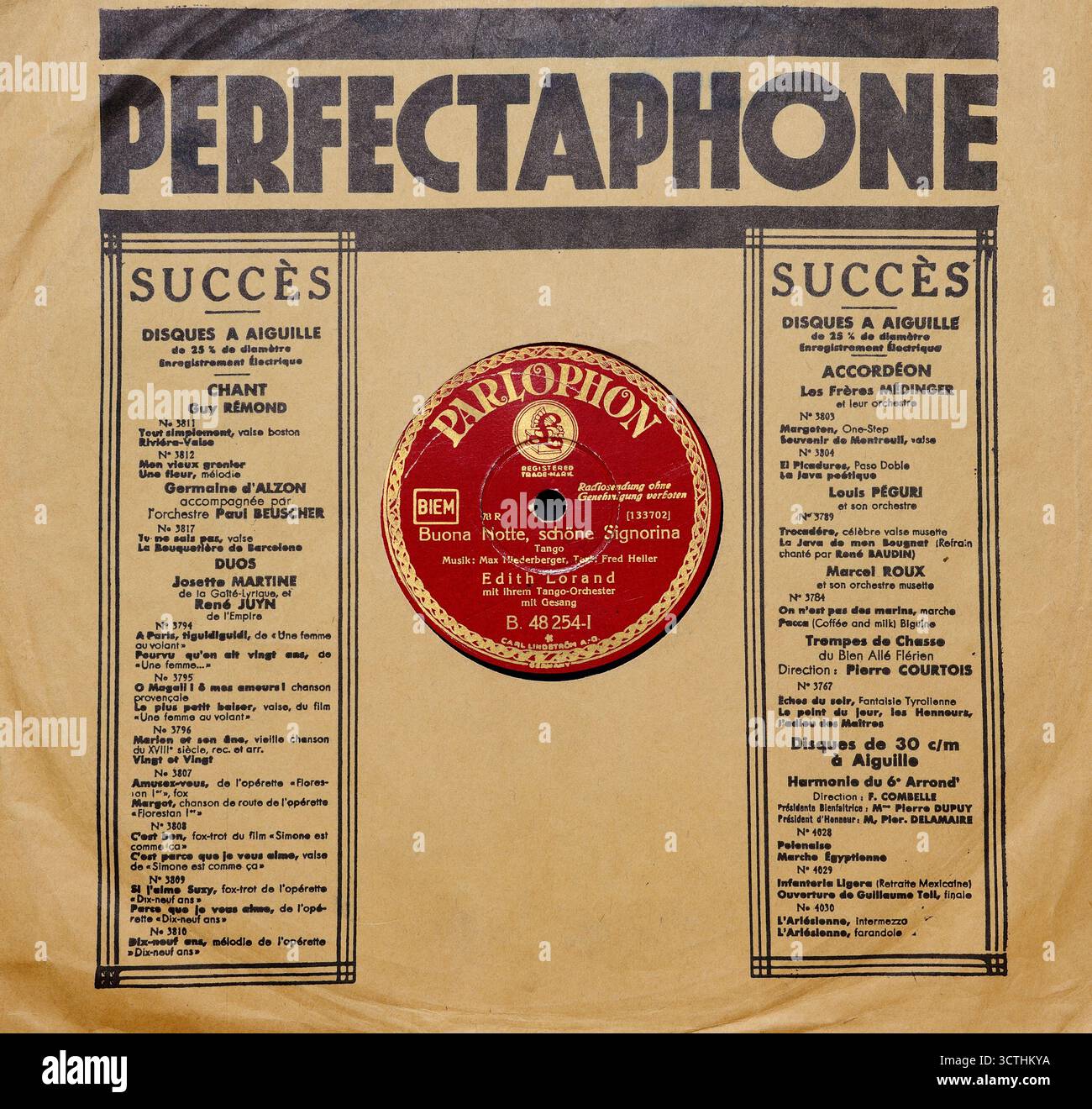 Shellac enregistre 10 pouces, Edith Lorand avec son orchestre de tango, Buona Notte schöne Signorina, Parlophon Records Banque D'Images
