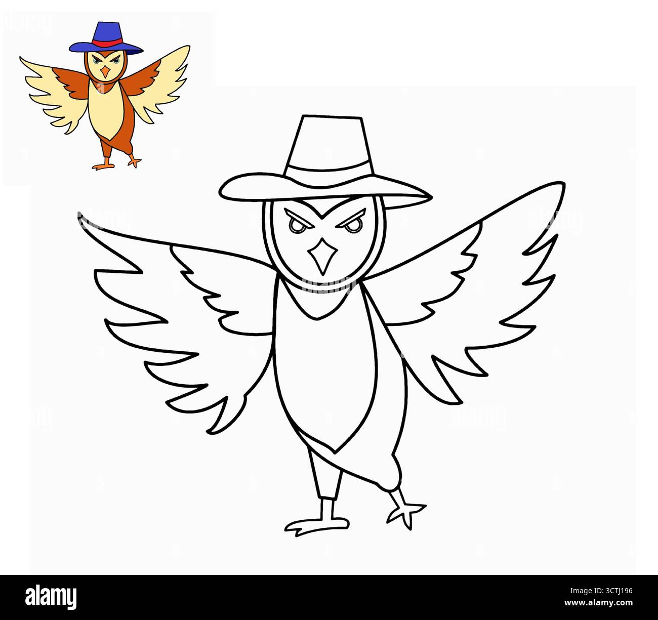 Hibou portant un chapeau et debout sur la page de coloriage de conception unique de vecteur de dessin animé d'herbe. Illustration de Vecteur