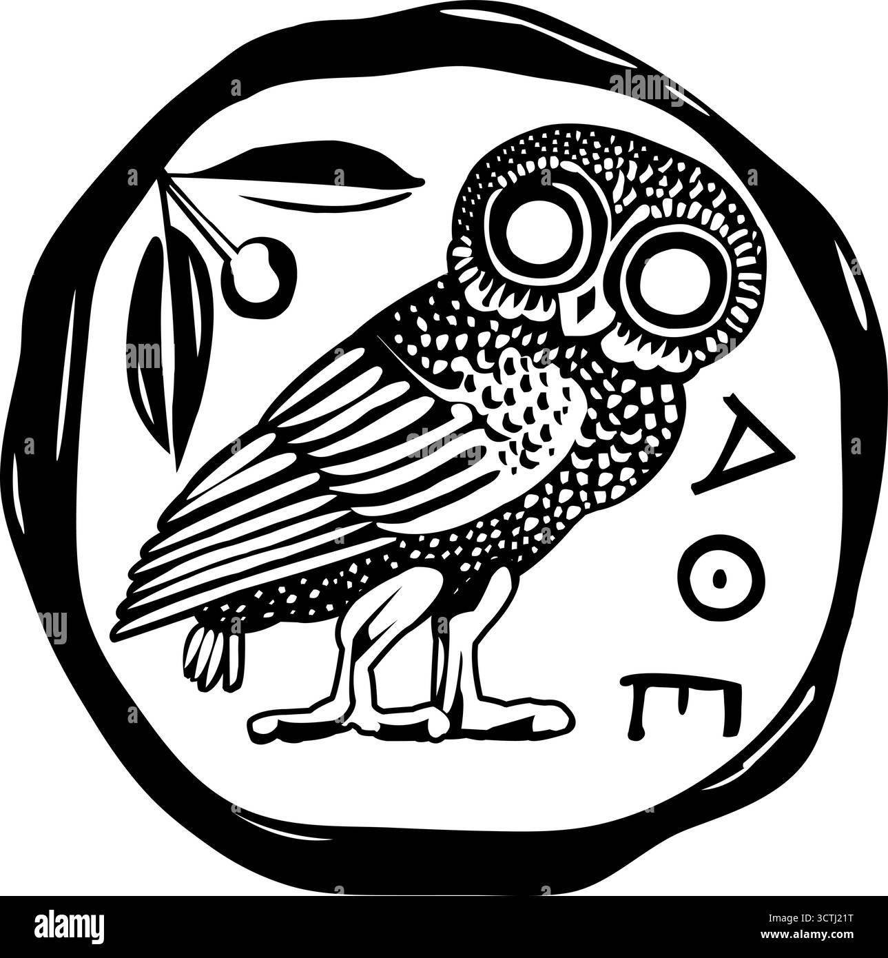 Pièce grecque antique avec hibou et branche d'olivier. Symbole vintage de hibou dans la pièce d'Athènes. Noir et blanc. Symbole antique, pièce d'argent tetradrachm. Illustration de Vecteur