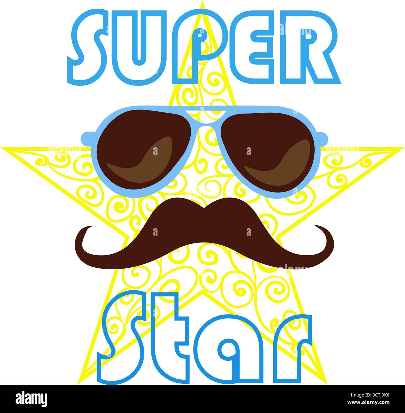 Typographie élégante avec caractère mignon Super Star ayant des lunettes de soleil et moustache sur fond transparent Illustration de Vecteur