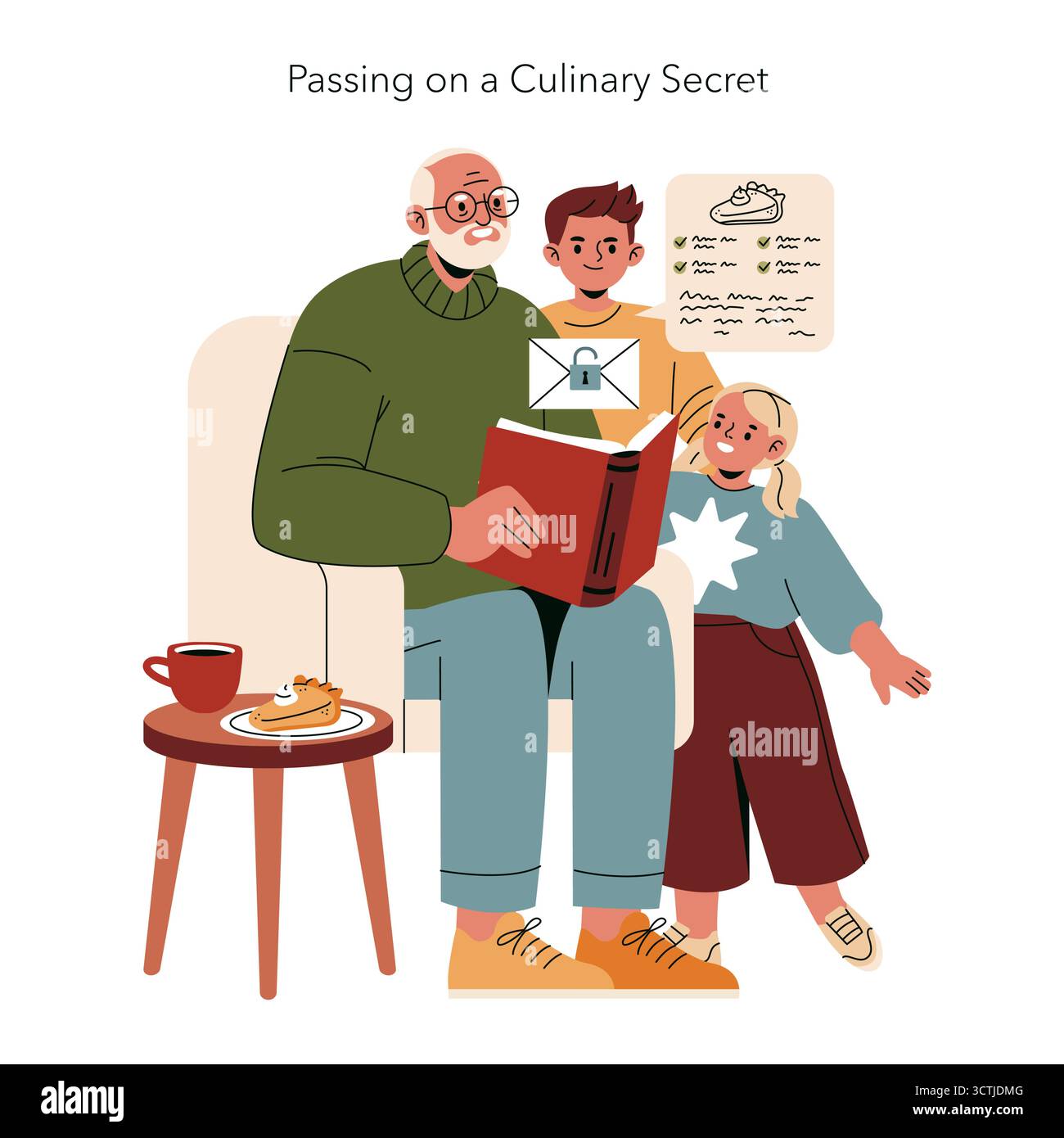 Illustration vectorielle d'un grand-père lisant un livre de recettes à deux enfants, illustrant la transmission de la sagesse culinaire. Scène confortable avec une tasse de thé et de pâtisserie sur la table d'appoint. Illustration de Vecteur