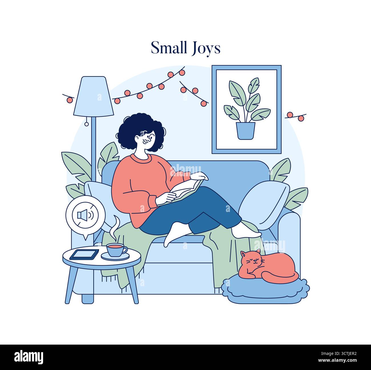 Femme assise confortablement sur un canapé, lisant un livre, avec son chat paisiblement à côté d'elle. Scène de salon confortable comprend une table avec une tasse et une tablette. Illustration vectorielle. Illustration de Vecteur