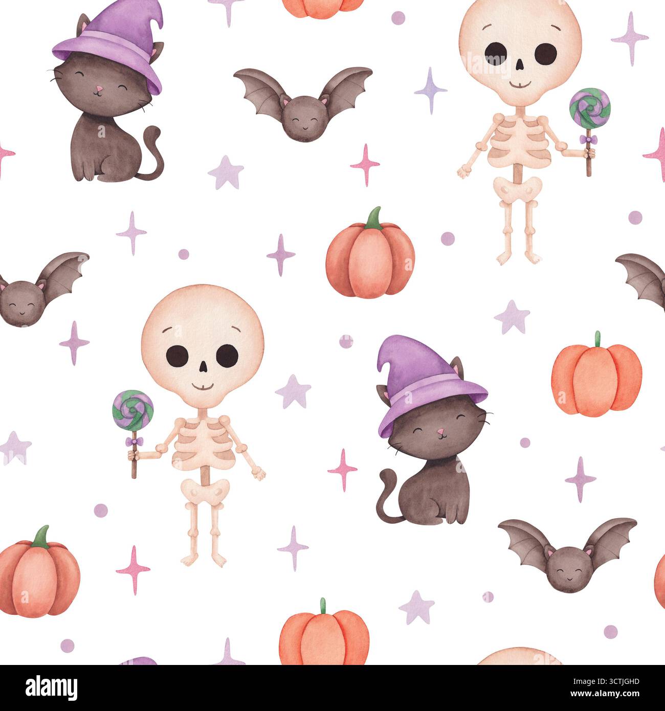 Aquarelle sans couture motif halloween avec squelettes mignons, chats, citrouilles et chauves-souris. Idéal pour l'emballage de vacances, cartes, affiches, impression de tissu. Banque D'Images