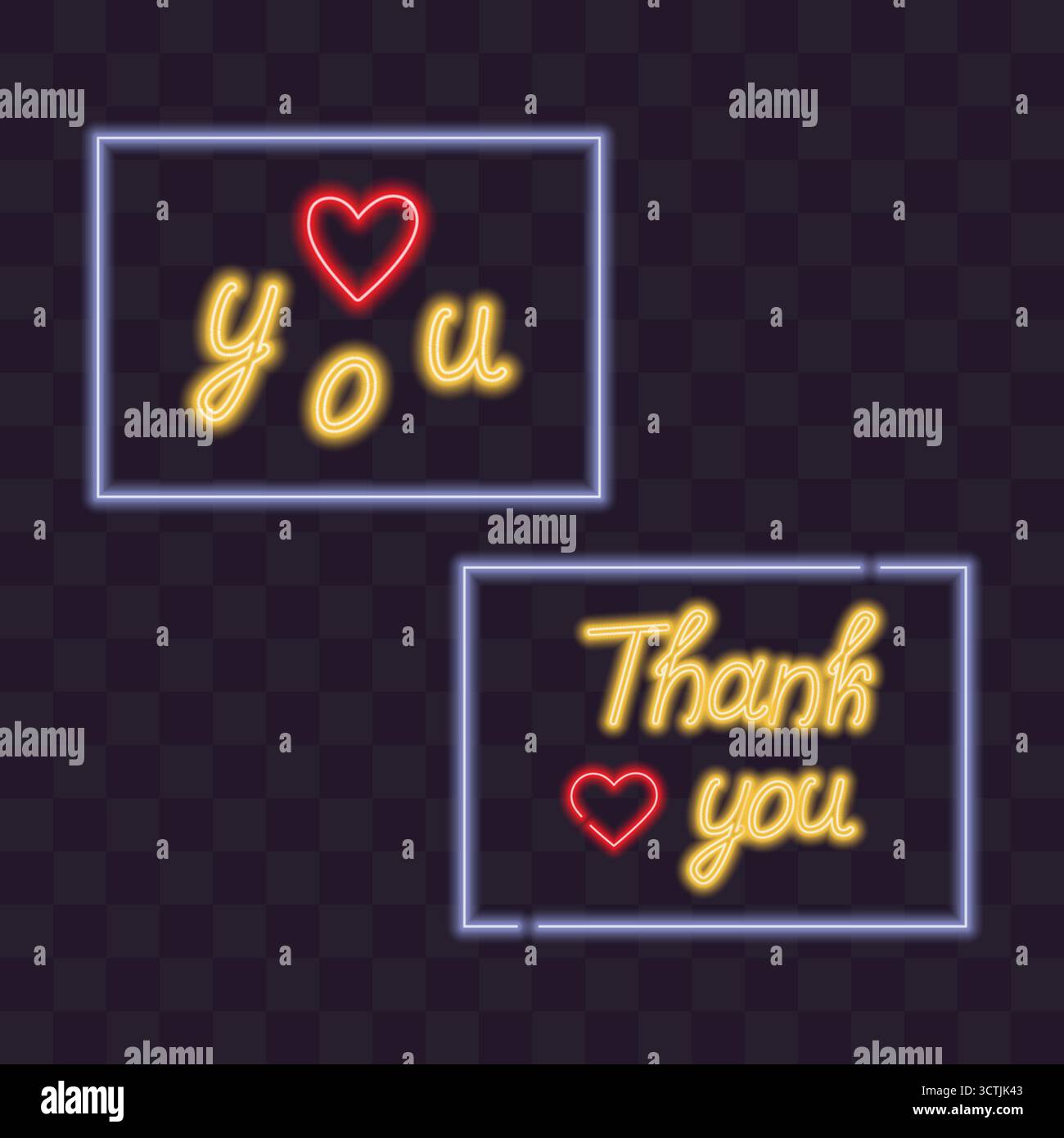 Cadre néon et lettres avec coeur vous aiment et Merci Saint Valentin et salutation de Thanksgiving. Illustration vectorielle isolée vacances contenu connexe cartes de vœux affiches, dépliant, bannière, étiquette Illustration de Vecteur