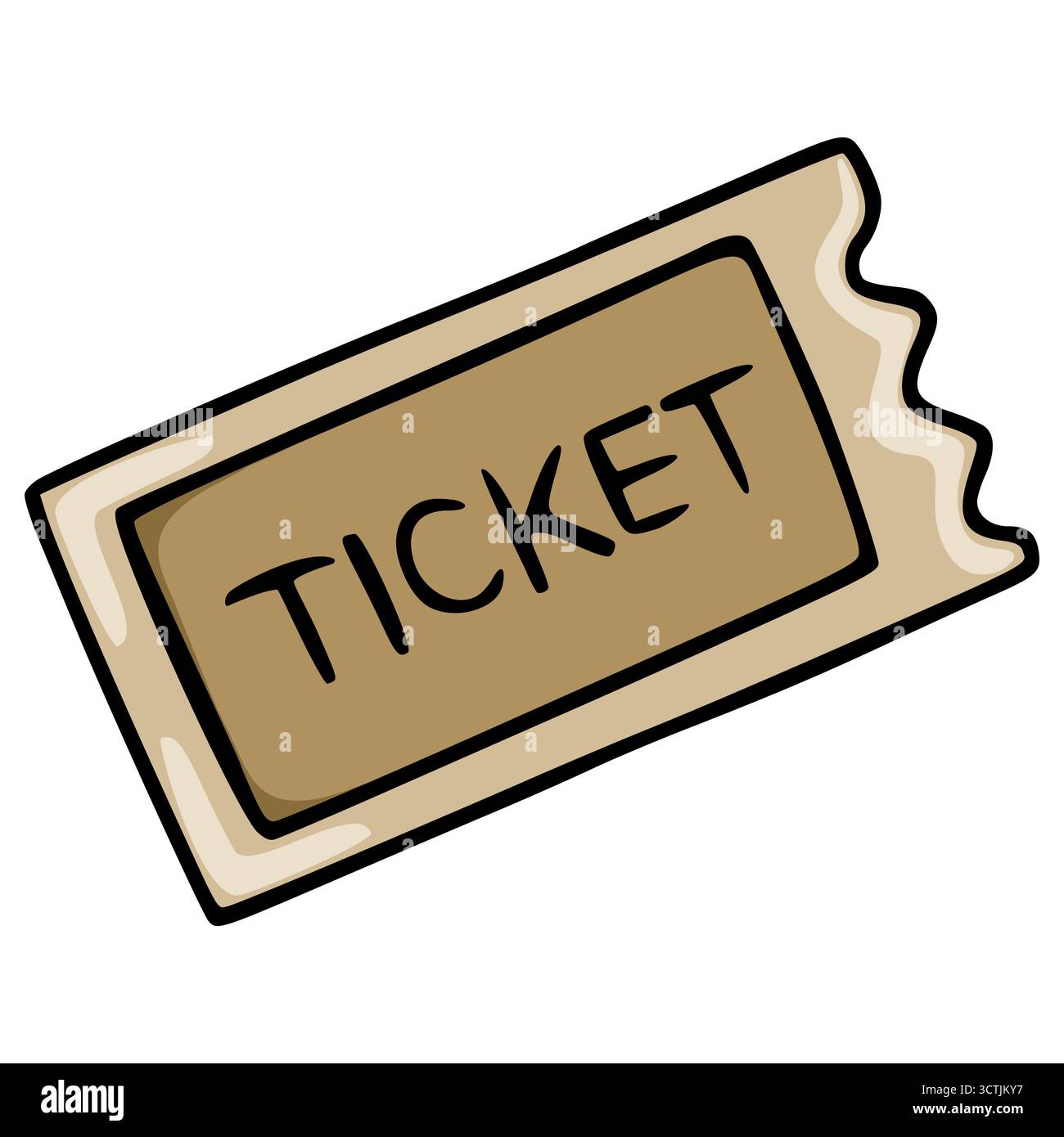 Illustration vectorielle simple d'un billet marron avec le mot « TICKET » écrit en noir, avec un bord déchiré et une bordure beige clair. Illustration de Vecteur