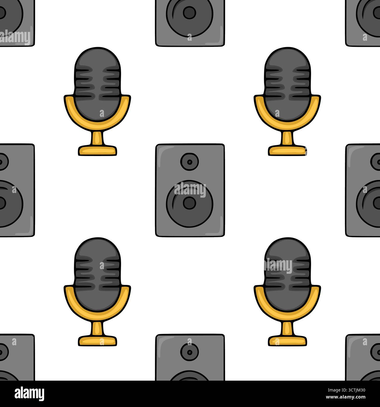 Motif vectoriel sans couture avec microphones rétro et haut-parleurs modernes dans un style plat et graphique. Illustration de Vecteur
