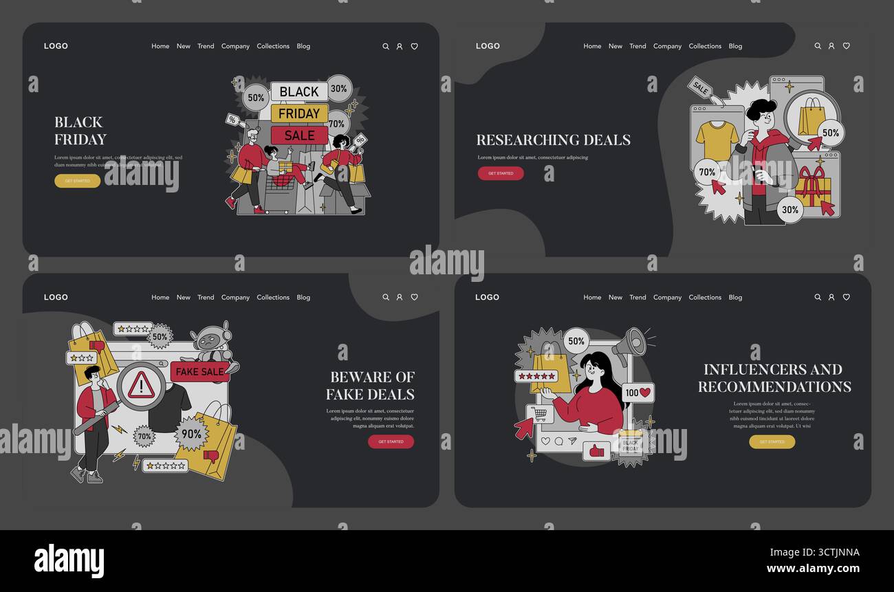 Ensemble d'illustrations vectorielles mettant en évidence les activités de magasinage du vendredi fou avec les acheteurs recherchant des offres. Les concepts incluent l'identification des ventes et des fausses offres potentielles tout en procédant à des comparaisons de prix. Idéal pour une utilisation promotionnelle. Illustration de Vecteur