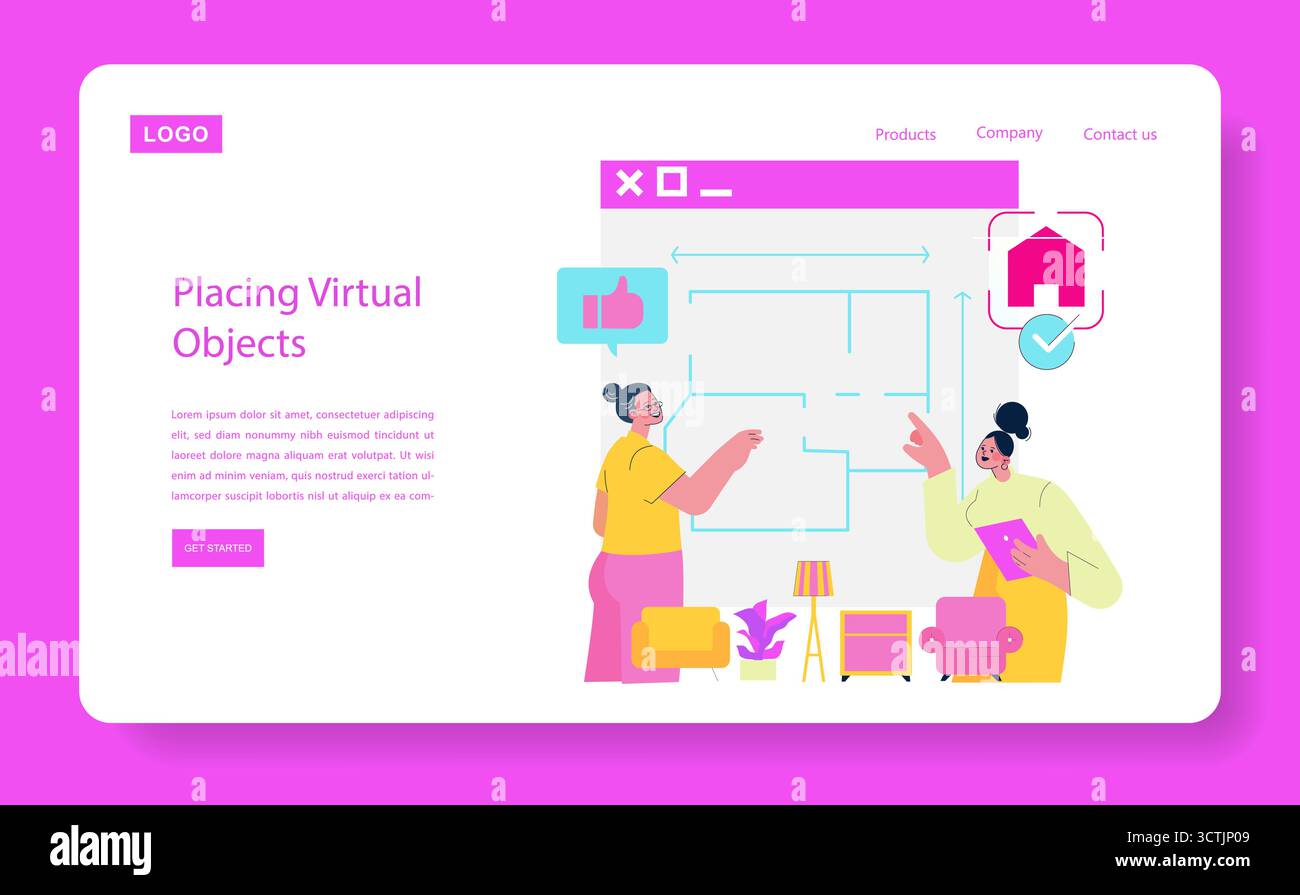 Illustration vectorielle d'une équipe collaborant sur le placement d'objets virtuels à l'aide d'une interface numérique. Les individus pointent et interagissent avec un plan d'étage virtuel, ce qui indique le travail d'équipe. Illustration de Vecteur