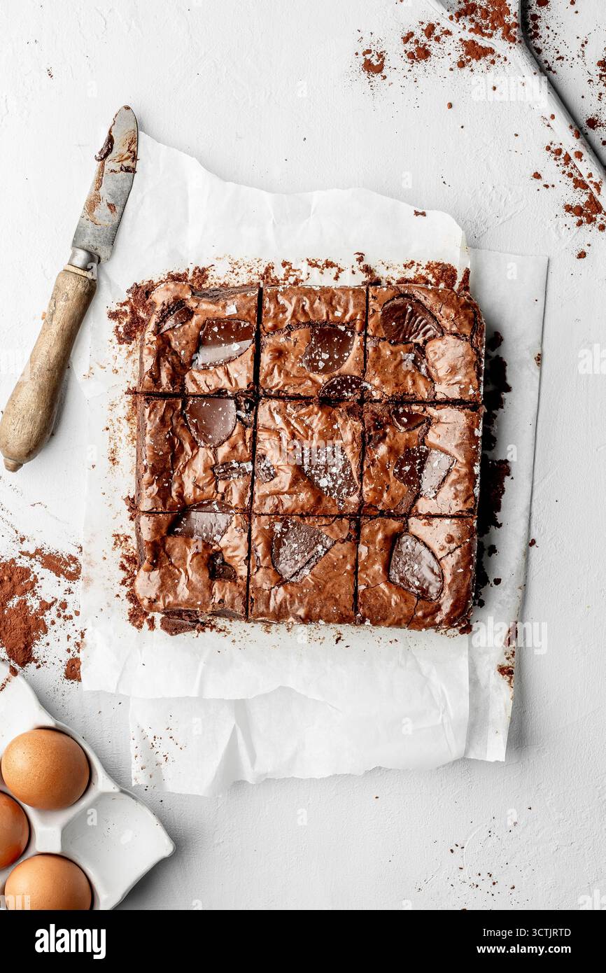 Brownies au chocolat fraîchement cuits coupés en carrés, capturés dans une lumière naturelle douce pour les thèmes de la photographie de boulangerie et de dessert. Banque D'Images