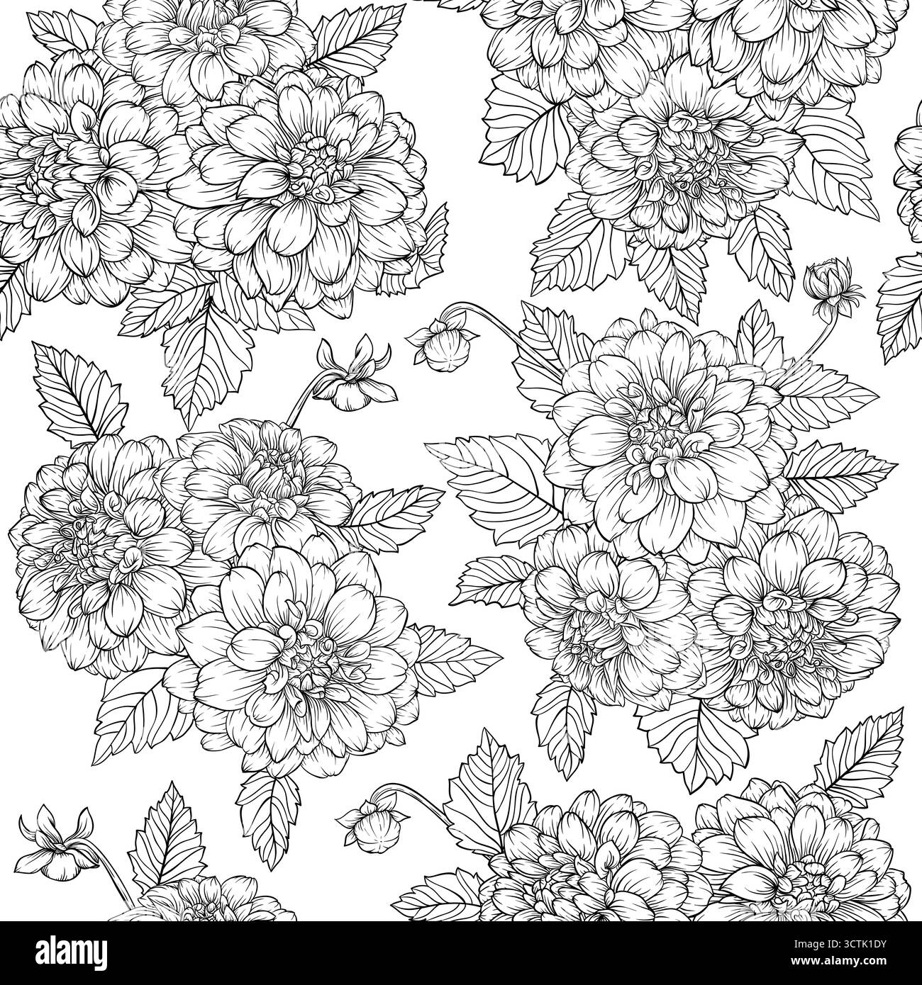 Beau fond monochrome sans couture dahlias noir et blanc dessiné à la main. Conception pour cartes de voeux et invitations de mariage, anniversaire, Saint-Valentin Illustration de Vecteur