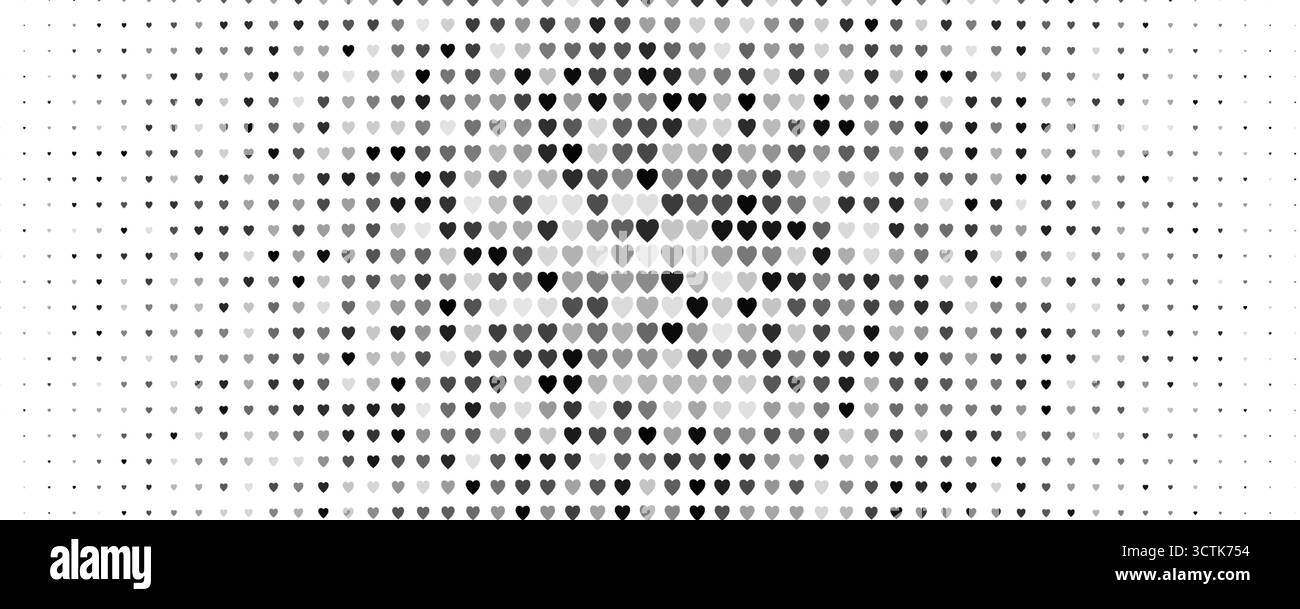 Fond de motif demi-ton coeur d'amour, cœurs dégradés noirs et gris sur blanc créez une texture d'onde abstraite, conception romantique minimale sans couture pour Illustration de Vecteur
