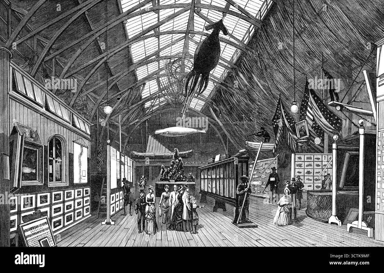 L'exposition internationale des pêches : la Cour canadienne, 1883. « Il ne reste plus que quelques jours de cette exposition instructive et intéressante, qui a occupé une grande partie de l'attention au cours des six derniers mois. La Cour canadienne, représentée dans une de nos illustrations cette semaine, en lien avec celle des États-Unis d'Amérique, présente un immense champ d'observation, mais nous avons déjà remarqué en détail certaines des pêches et autres industries maritimes du continent occidental. Le trophée central, ou groupe visible, au milieu de cette vue, est formé de parents différents Banque D'Images