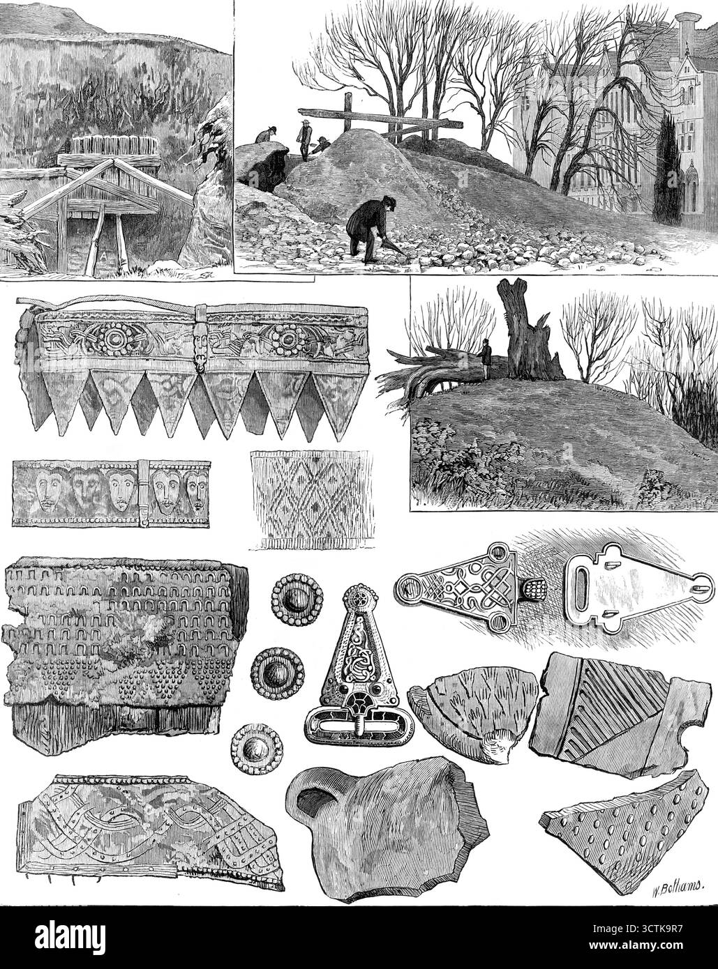 Un tombeau de Viking, récemment découvert à Taplow court, près de Maidenhead, 1883. « 1. Positions relatives de la butte et du manoir, Taplow court. 2. L'excavation, tombe à A, 30 pieds. de la surface. 3. Le vieil Yew-tree en 1882, d'après la photographie de Mr. J. Rutland. Armure d'argent trouvée dans la tombe. 5. Bande d'or. 6. Bracelet en or. 7. Boucle de taille en or. 8. Boucle d'or. 9. Partie du seau. 10. Ornements de Shield. 11, 13, 14. British Pottery. 12. Samian Ware. 15. Une partie de Drinking Horn... une découverte du plus grand intérêt des antiquaires a récemment été faite... [c'est] le tombeau d'un Viking nordique, Banque D'Images