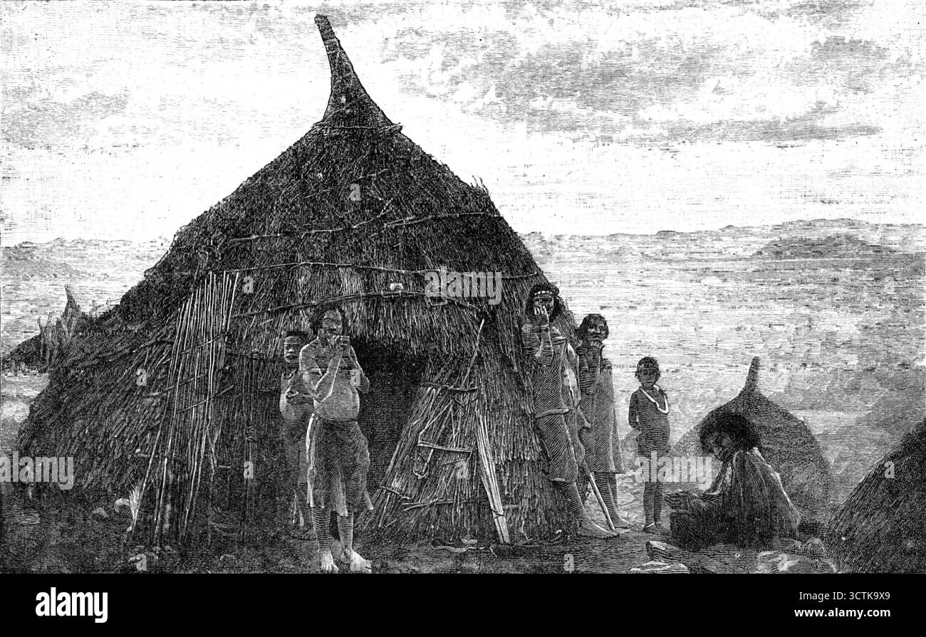 Illustrations de "The Wild Tribes of the Soudan", par Mr. F. L. James, F.R.G.S. : a Basé ; Hut at Koolookoo, 1883. 'Des livres sur le Soudan sont susceptibles d'être demandés tout à l'heure ; et nous pouvons en recommander... un publié par Mr. Murray cette semaine, à partir duquel nous sommes autorisés à emprunter quatre illustrations. L'auteur... a passé quatre mois, de décembre à avril 1882, dans une expédition sportive d'Afrique de l'est... la race Basé ; ou Kunama, habitant plus haut le Khor el Gash vers l'Abyssinie, ont été moins connues ; et le récit de M.R. James à leur sujet est d'une certaine valeur. Pour cette raison, ainsi que pour l'anec Banque D'Images