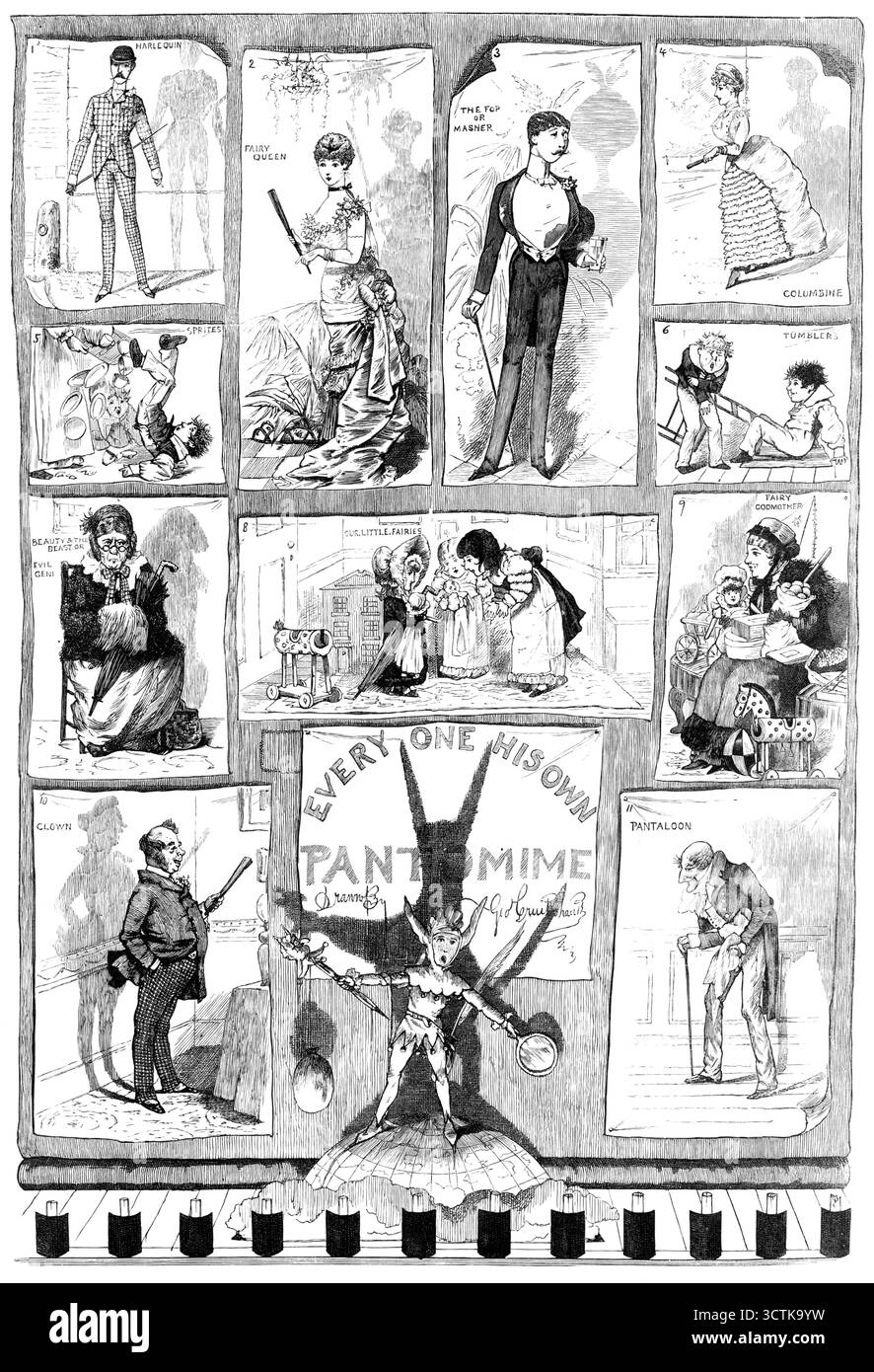 Tout le monde a sa propre Pantomime, 1883. « Arlequin ; Fairy Queen ; The FOP or Masher ; Columbine ; Sprites ; Tumblers ; Beauty &amp; la Bête, ou méchante Reine ; notre. Peu. Fées ; marraine de fée ; Clown ; Pantaloon - dessiné par George Cruikshank. La forme particulière de divertissement théâtral appelé pantomime...seems probablement bientôt disparaître... notre artiste a...[délimité] les figures de quelques personnes... dont les habitudes et les gestes montrent une certaine similitude avec ceux des acteurs familiers de la pantomime et avec les personnages de stock de l'extravagance féerique avec laquelle il a souvent été combiné. « SPR Banque D'Images