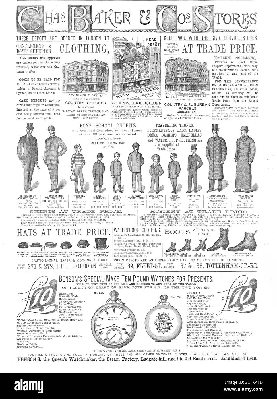 Publicité pour Chas. Baker &amp ; Co.'s Stores, 1883. « CES DÉPÔTS SONT OUVERTS À LONDRES POUR GARDER LE RYTHME AVEC LES MAGASINS DE LA FONCTION PUBLIQUE. VÊTEMENTS DE QUALITÉ SUPÉRIEURE POUR GARÇONS POUR HOMMES. TOUTES LES MARCHANDISES non approuvées sont échangées, ou l'argent retourné, selon ce que le Client préfère. MARCHANDISES À PAYER EN ESPÈCES sur ou avant la livraison... POUR LA COMMODITÉ DES CLIENTS COLONIAUX ET ÉTRANGERS, toutes les autres marchandises, ainsi que les vêtements, leur seront envoyés au prix du commerce de gros du Département de l'exportation. LES VISITEURS AMÉRICAINS ET COLONIAUX sont invités à regarder autour de ces magasins sans se sentir expec Banque D'Images
