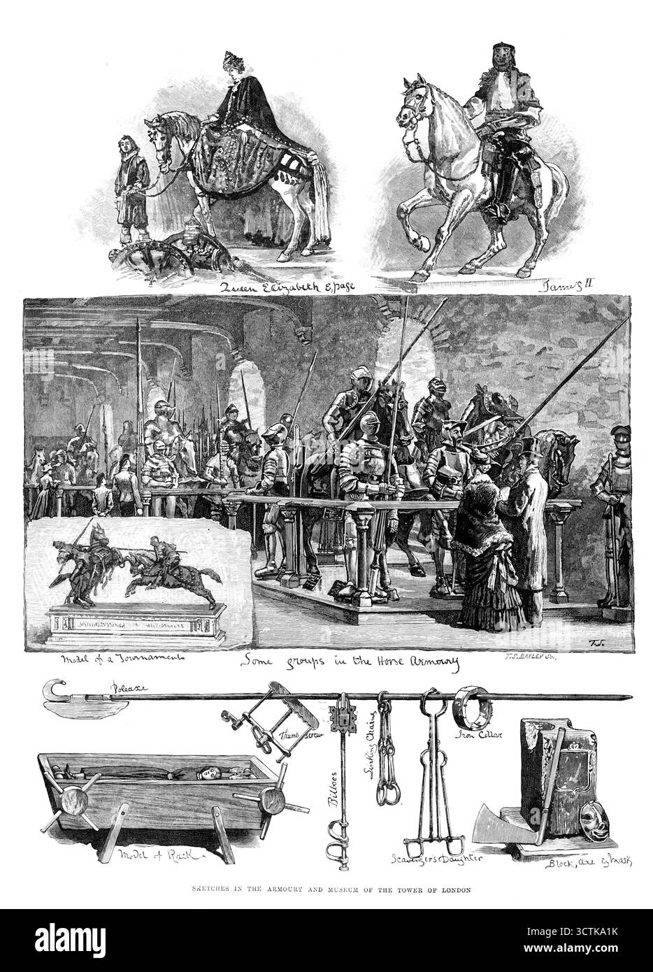 Croquis dans l'armurerie et le musée de la Tour de Londres, 1883. Queen Elizabeth &amp ; page ; James II ; modèle d'un tournoi ; quelques groupes dans l'armurerie de cheval ; Poleaxe ; modèle de rack ; vis à oreilles ; Bilboes; Scavenger's Daughter ; Iron Collar ; Block, axe and Mask...[in] The Horse Armoury... sont rangés vingt-deux personnages équestres grandeur nature, vêtus de véritables costumes d'armure de chevalier... dans un autre endroit se trouve la figure de la reine Elizabeth, à cheval, dans les robes qu'elle portait lors d'une de ses somptueuses visites à la City de Londres. Ceci est représenté parmi les sujets de nos esquisses, AS Banque D'Images