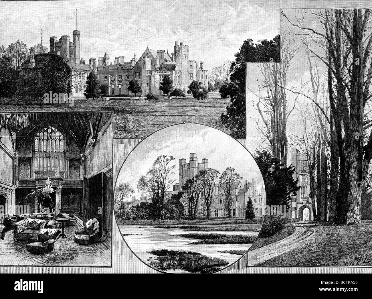 Canford Manor, Dorsetshire, siège de Lord Wimborne, visité par le prince de Galles, 1890. 'Vue du sud-ouest ; Hall d'entrée ; vue de la rivière ; l'avenue, de l'ouest. [Gravures tirées de photographies de M. Vaughan]...la résidence de Lord Wimborne, sur les rives du Stour, [est] à environ deux miles au sud-est de la ville [de Wimborne]. Nous donnons une vue du manoir, qui a été redécoré et équipé partout avec la lumière électrique, et dans le hall sont quelques beaux spécimens de sculptures en bois en noyer, et des tapisseries Gobelin. L'escalier, en noyer sculpté, est l'un des plus beaux Banque D'Images