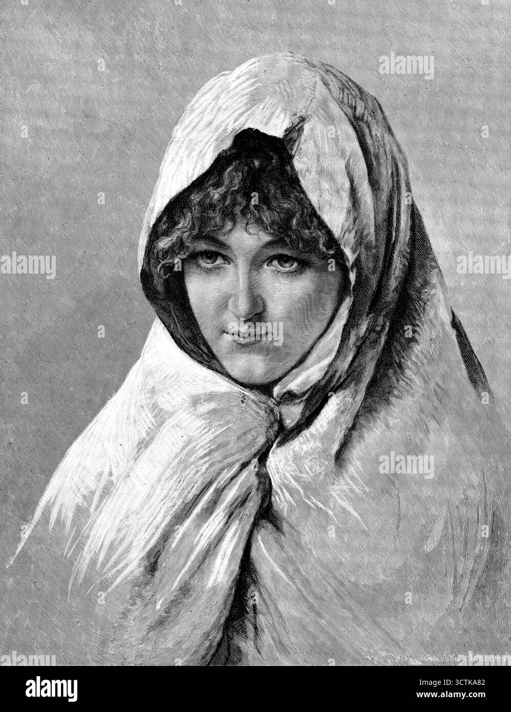 "Mariana" - par le professeur Gellt, de Florence, 1890. Gravure d'un tableau. '"Mariana"... n'a rien de la franchise ouverte de la contadina ; rien de la simplicité effrénée de la vie à la campagne. Elle a vécu dans des villes, et a ressenti les problèmes de la vie, et peut-être même connu certaines de ses luttes les plus difficiles. Ses yeux sont brillants, son visage est rond et commode, mais ses lignes ont déjà - et elle est encore jeune - acquis une décision qui est engendrée par le contact avec d'autres plus habiles qu'elle-même. Elle n'a cependant pas oublié qu'elle est une femme, et donc capable de plaire. Elle Banque D'Images