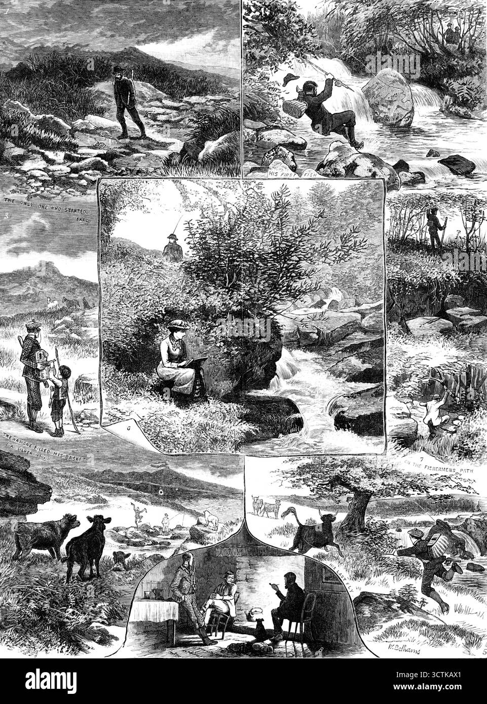 Une journée de pêche sur le Teign, 1883. 'Le seul qui a commencé tôt ; son premier poisson ; la façon dont on remplissait son panier (un hameçon en argent) ; [femme dessinant] ; sur le chemin des pêcheurs ; [observation du bétail ; bavardage au coin du feu] ; sa dernière mouche... les piscines où la truite se délaisse ne peuvent souvent être obtenues qu'en jetant sous un filet enchevêtré de branches de chêne. Parfois, on doit prendre le poste sur un rocher glissant rond que le torrent se précipite... le genre de mésaventure qui peut arriver à un novice ainsi placé dans l'excitation de frapper "son premier poisson" notre artiste a plus que suggéré... pour pêcher le narr Banque D'Images