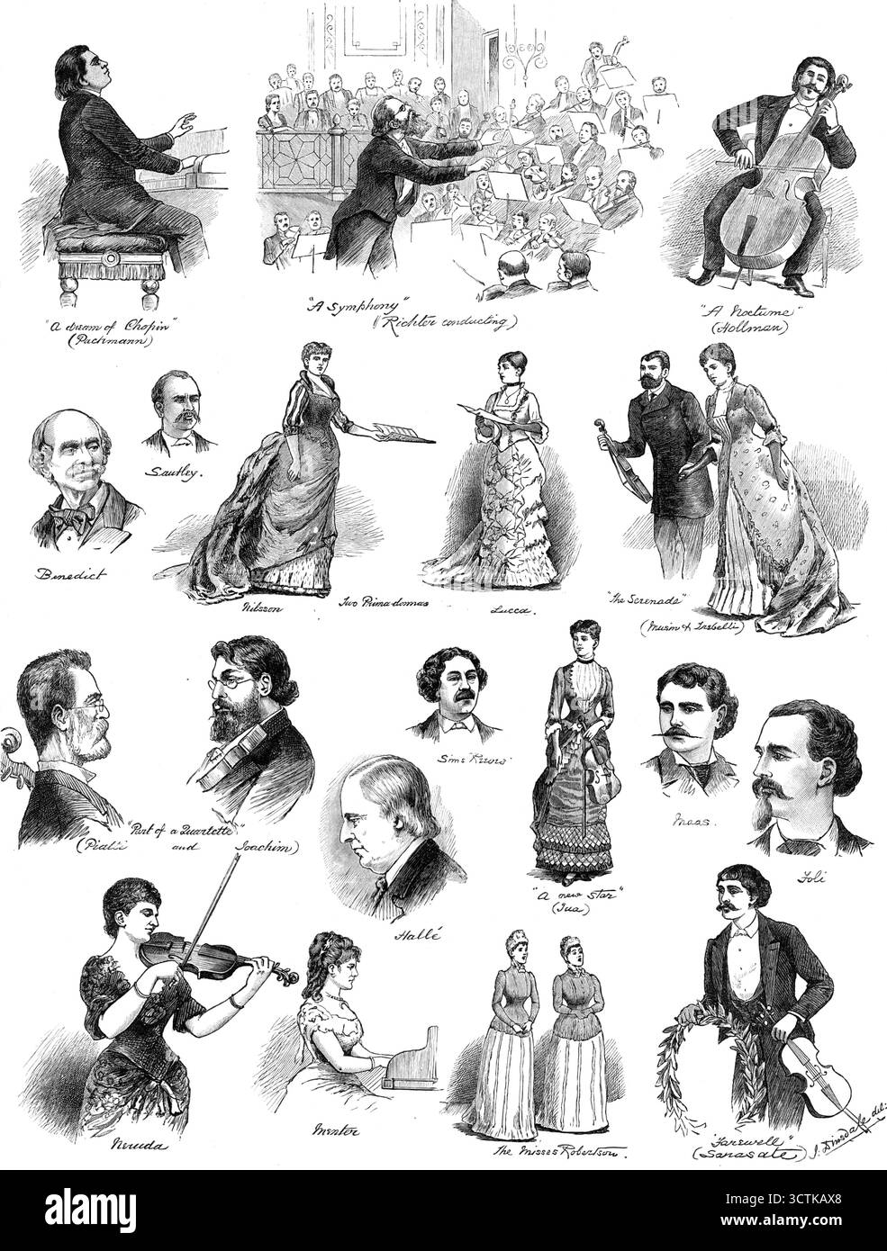 Recueils musicaux de James's Hall, 1883. '"Un rêve de Chopin" (Pachmann; "Une Symphonie" (Hans Richter direction); "Un nocturne" (violoncelliste, M. Hollman [sic]) ; Sir Julius Benedict ; l'admirable barytone, Charles Santley ; Christine Nilsson ; deux Prima donnas ; Pauline Lucca ; "la sérénade" (le violoncelliste belge intelligent, Ovide Musin &amp ; la figure gracieuse de Z&#xe9;lie Trebelli) ; "une partie d'une quartette" (le plus grand violoncelliste de tout âge, Alfredo Piatti et le grand violoniste Joseph Joachim) ; le roi pérenne de Teno Banque D'Images