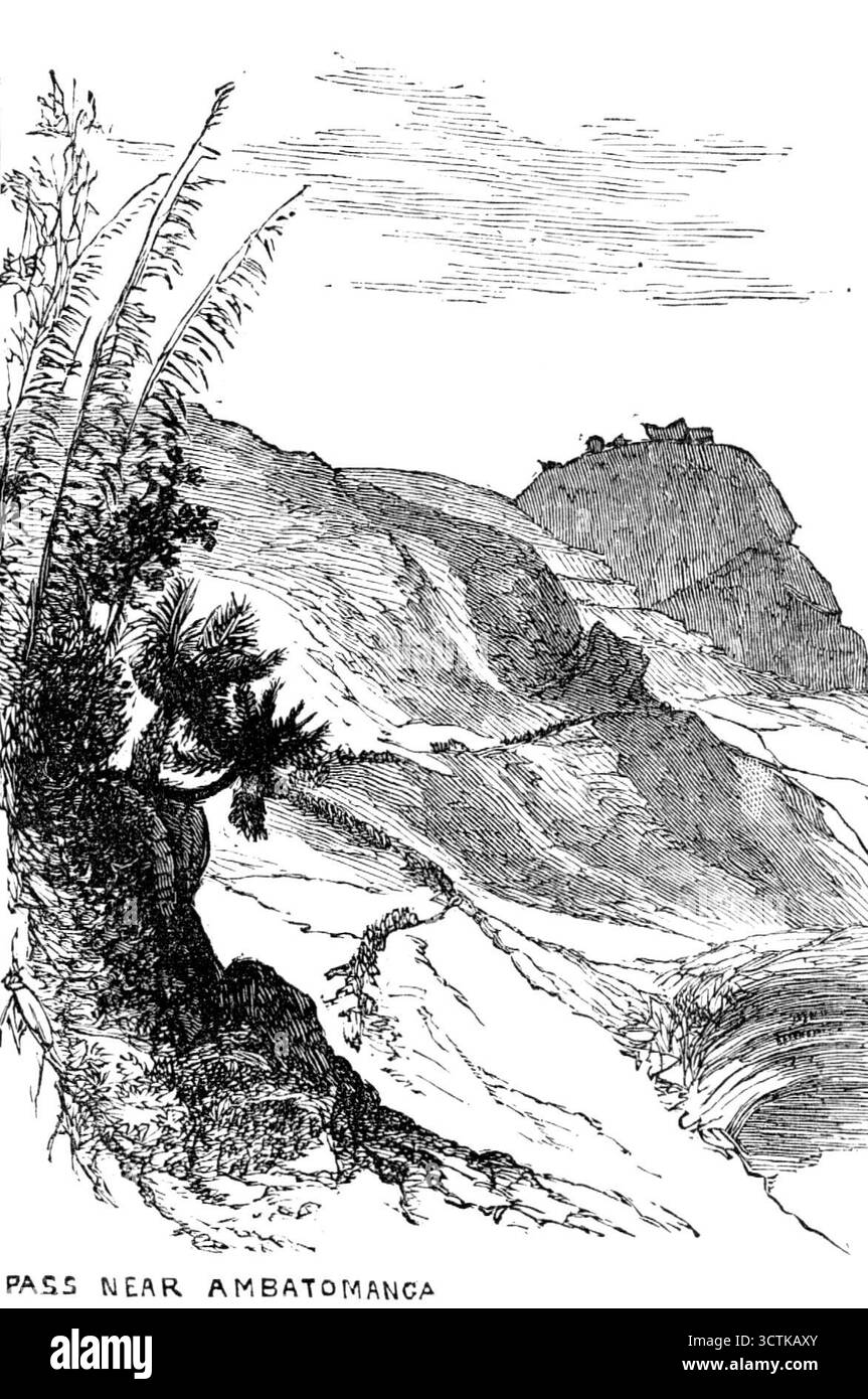 Croquis à Madagascar : col près d'Ambatomanga, 1883. 'L'île de Madagascar, dans l'océan Indien, séparée par le canal du Mozambique de la côte est de l'Afrique du Sud, est l'une des plus grandes îles du monde... dans les parties nord et est de l'île de vastes tables-terres, à une hauteur de 3000 pieds. à 5000 pieds, occupent une grande partie de l'intérieur, avec des montagnes ici et là s'élevant à 8000 pieds. ou 9000 pieds ; mais ceux-ci sont entourés de plaines ne dépassant pas 400 pieds. du niveau de la mer, plus particulièrement dans les parties ouest et sud. Chaînes de montagnes de granit, et d'autres collines de formati de roche ignée Banque D'Images