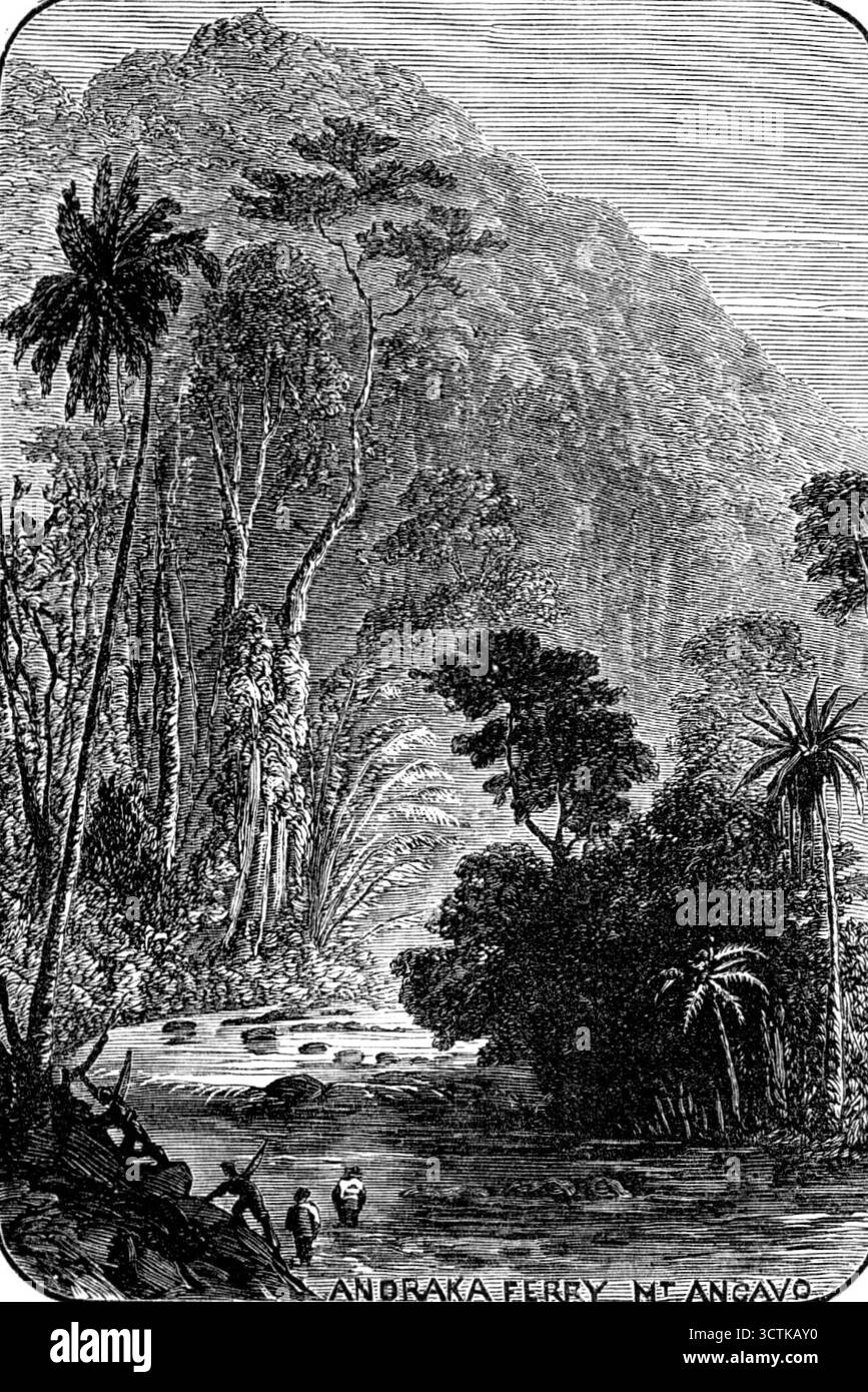 Croquis à Madagascar : Andraka Ferry Mt. Angavo, 1883 ans. 'L'île de Madagascar, dans l'océan Indien, séparée par le canal du Mozambique de la côte est de l'Afrique du Sud, est l'une des plus grandes îles du monde... dans les parties nord et est de l'île de vastes tables-terres, à une hauteur de 3000 pieds. à 5000 pieds, occupent une grande partie de l'intérieur, avec des montagnes ici et là s'élevant à 8000 pieds. ou 9000 pieds ; mais ceux-ci sont entourés de plaines ne dépassant pas 400 pieds. du niveau de la mer, plus particulièrement dans les parties ouest et sud. Chaînes de montagnes de granit, et autres collines de forme rocheuse ignée Banque D'Images
