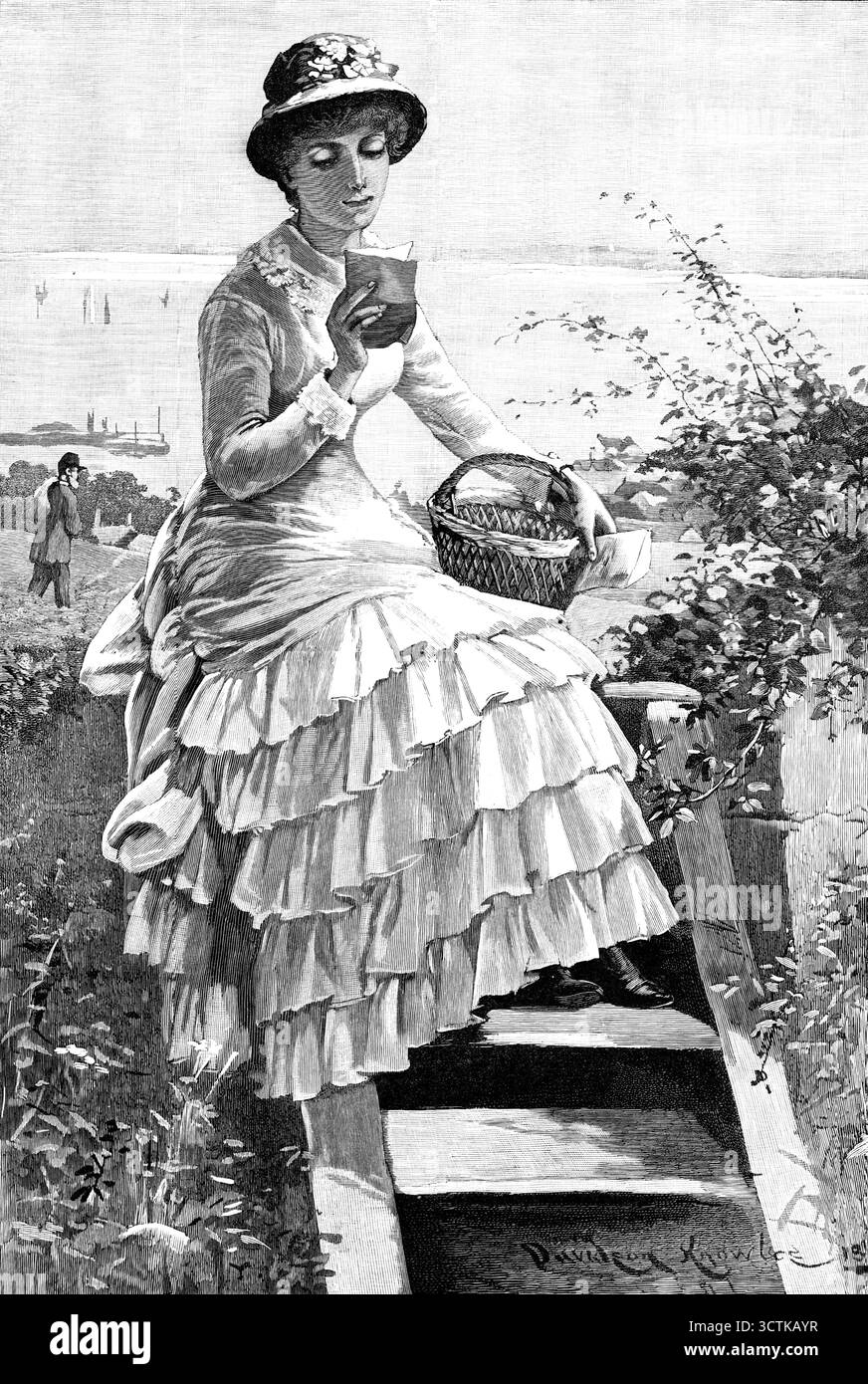 The Morning Post : News from Town, 1883. C'est... la remise quotidienne de lettres privées, par un agent du gouvernement de sa Majesté, à leurs destinataires appropriés dans un village balnéaire, que notre artiste a choisi de commémorer dans cet agréable dessin, qui représente une jeune femme assise sur le sommet d'une volée de marches, parcourant sa propre "News from Town" particulière. Le facteur est vu marcher dans le champ derrière, et nous soupçonnons que... il a été intercepté par cette jeune femme, qui se lève plus tôt que le reste de sa famille, et professe aimer une promenade avant le petit déjeuner, ayant également pris un Banque D'Images