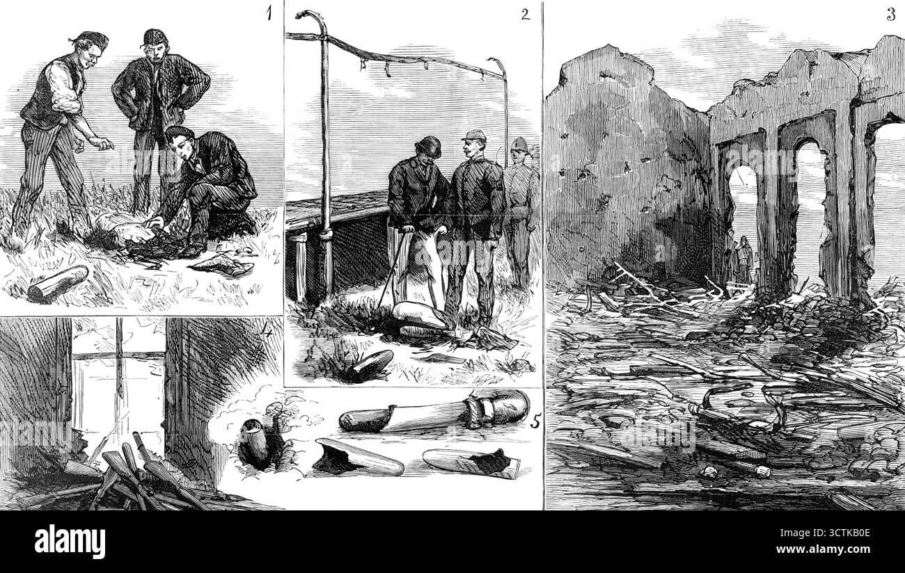 L'explosion de la Rocket Factory à Woolwich Arsenal, 1883. « 1. Trouver un cadavre 2. Endroit où un corps a été trouvé. 3. Intérieur du Rocket Shed. 4. Un coin du manège militaire. 5. Fragments de fusées : L'un d'entre eux encastré dans un gazoduc... Une catastrophe des plus terrifiantes... Un incendie a éclaté out...in L'un des... bâtiments du laboratoire de l'est, où des cartouches et des projectiles explosifs sont fabriqués... ce bâtiment a été utilisé comme atelier pour la peinture de fusées militaires, et plus de sept cents de ces formidables instruments de guerre, entièrement chargés de poudre à canon, y ont été stockés. Ils pressent Banque D'Images