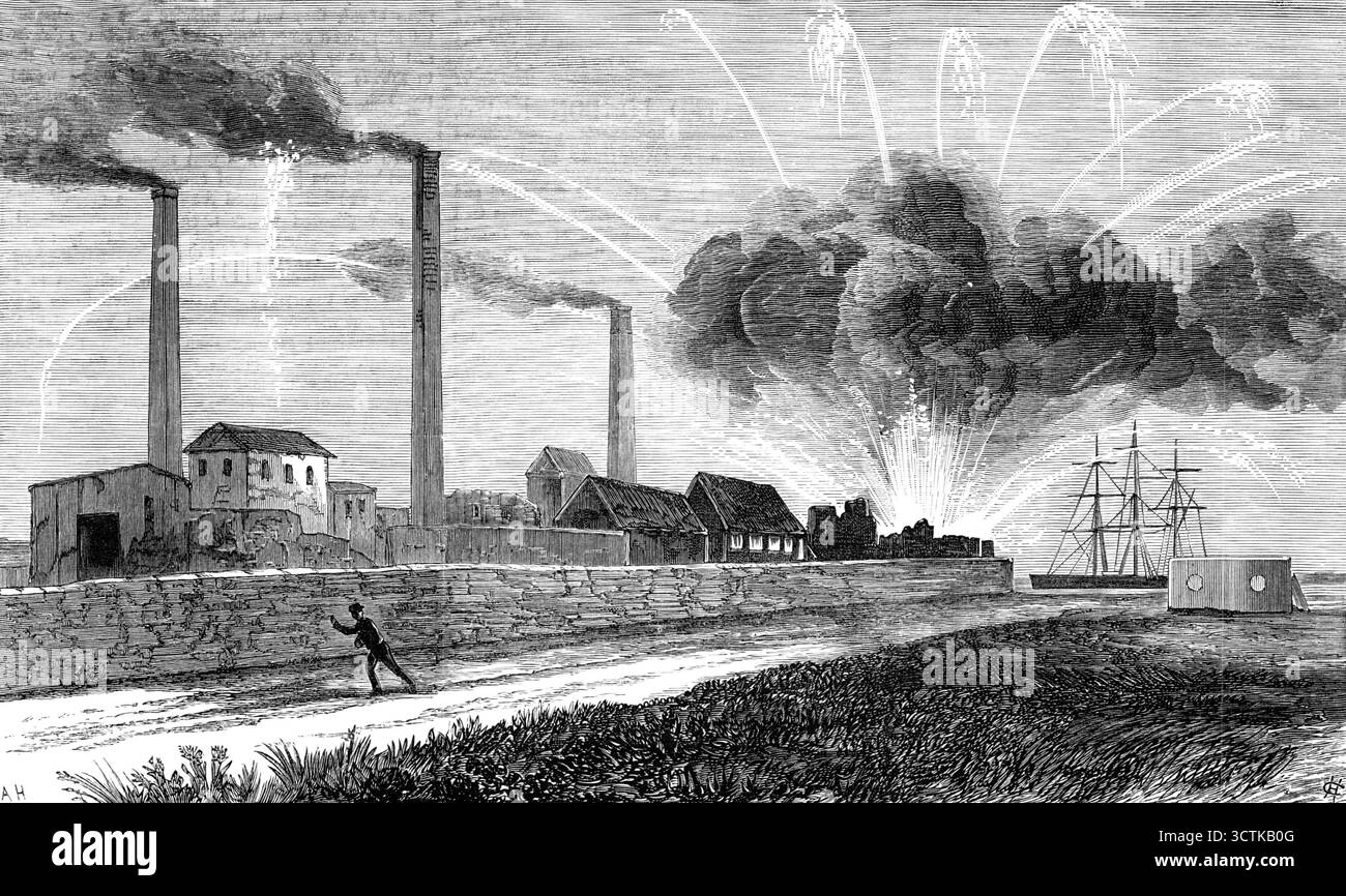 L'explosion de la Rocket Factory à Woolwich Arsenal, vue depuis les marais de Plumstead, 1883. Un désastre terrifiant... Un incendie a éclaté out...in un des... bâtiments du laboratoire de l'est, où des cartouches et des projectiles explosifs sont fabriqués... ce bâtiment a été utilisé comme atelier pour la peinture de roquettes militaires, et plus de sept cents de ces formidables instruments de guerre, entièrement chargés de poudre à canon, y ont été stockés. Ils se sont actuellement enflammés, et ont commencé à voler à l'étranger, sifflant à travers l'air avec des bobines de fumée blanche derrière eux, comme on l'observe dans l'utilisation de roquettes Banque D'Images
