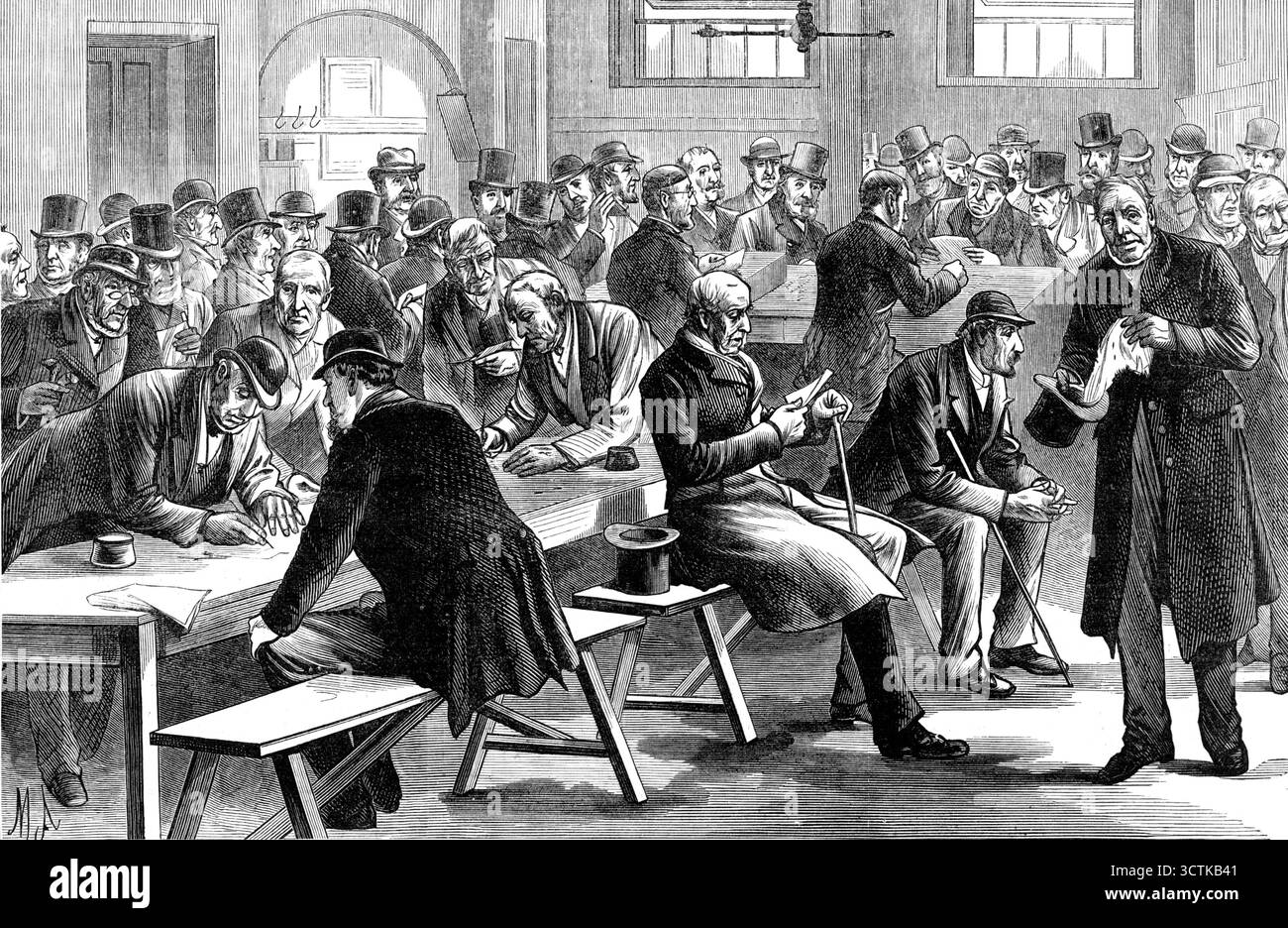 Sketches in Scotland-Yard : pension-day for the retraité policier, 1883. 'Le barème des pensions, des allocations de retraite et des gratifications, pour les hommes qui ont bien servi, et qui sont incapables par l'âge ou l'infirmité, et les prestations du Fonds de pension de retraite, auquel chaque membre du corps de police souscrit 2&#xbd ; pour cent de son salaire, [est] remarqué, en relation avec notre Sketch. Un homme qui a servi plus de cinq ans, mais moins de quinze ans, peut, s'il prend sa retraite pour la cause énoncée, obtenir une « gratification » d'un montant d'un mois de salaire pour chaque année où il a servi. Un homme qui a comp Banque D'Images