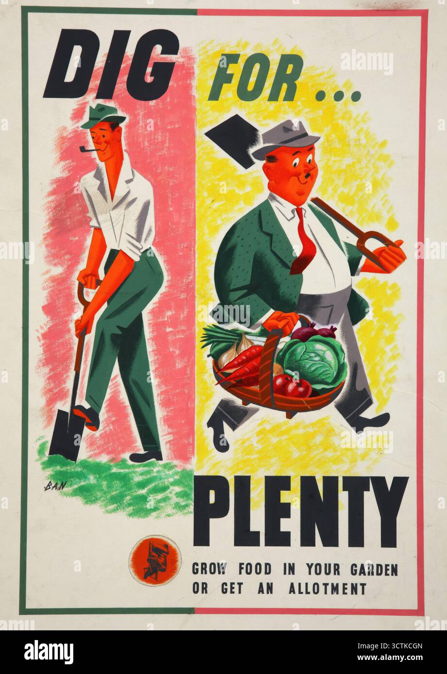 « Lend A Hand on the Land - Dig for Plenty », affiche de la seconde Guerre mondiale, c1939-c1945. « Cultivez de la nourriture dans votre jardin ou obtenez une allocation ». Initiative gouvernementale pour encourager les gens à cultiver des légumes. Banque D'Images
