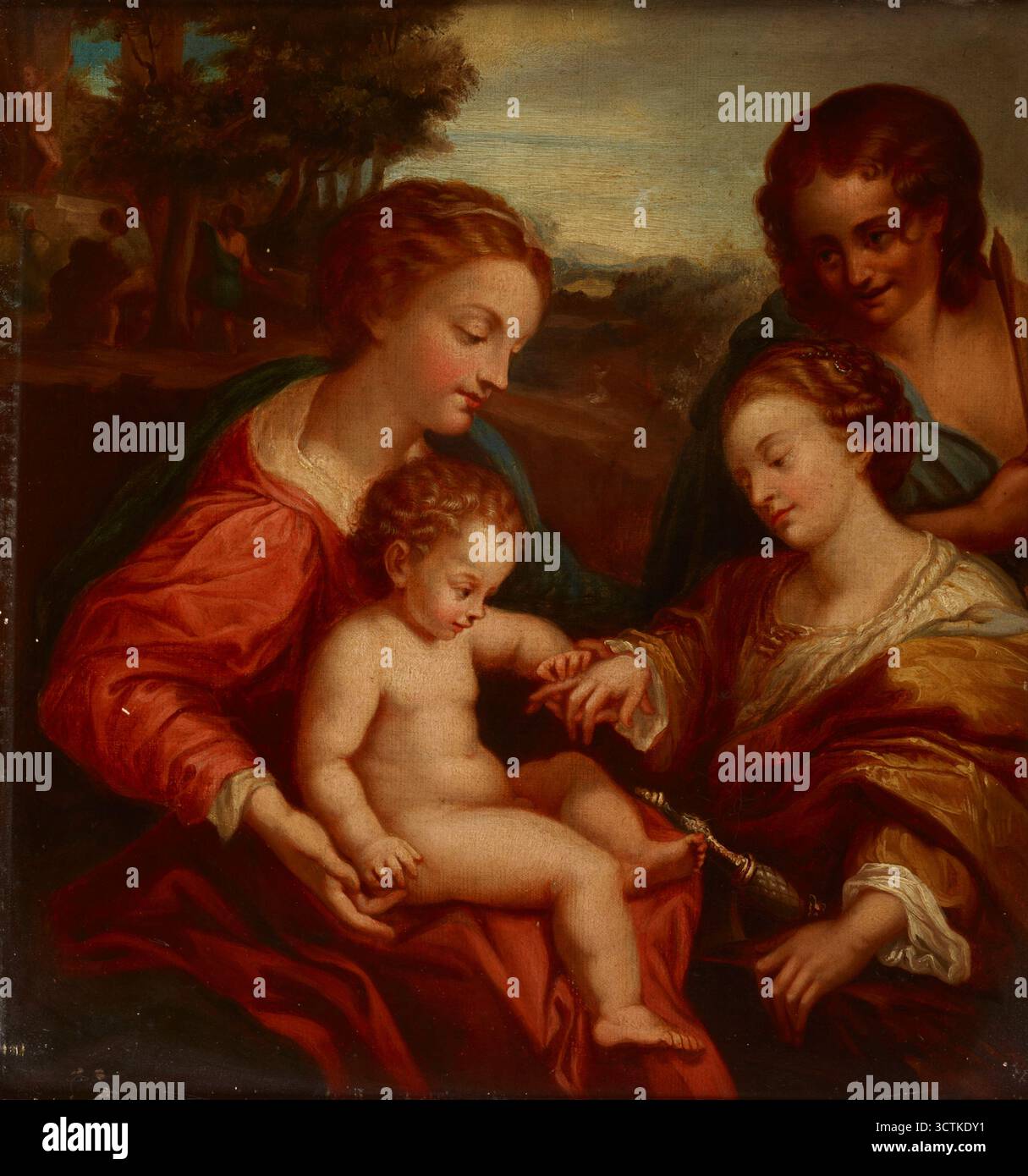 Mariage mystique de Sainte Catherine avec Saint Sébastien-copie, 1865. Correggio a fait plusieurs représentations du thème du mariage mystique de Sainte Catherine d'Alexandrie. Outre Sainte Catherine et la Vierge avec l'enfant Jésus sur ses genoux, l'œuvre représente aussi Saint Sébastien. La scène entière a été placée contre un paysage avec la scène du martyre de Saint Sébastien sur la gauche. Le tableau est une copie de l'œuvre de Correggio conservée au Louvre à Paris, réalisée par Jan Galuszkiewicz lors de son séjour dans cette ville en 1865. Banque D'Images