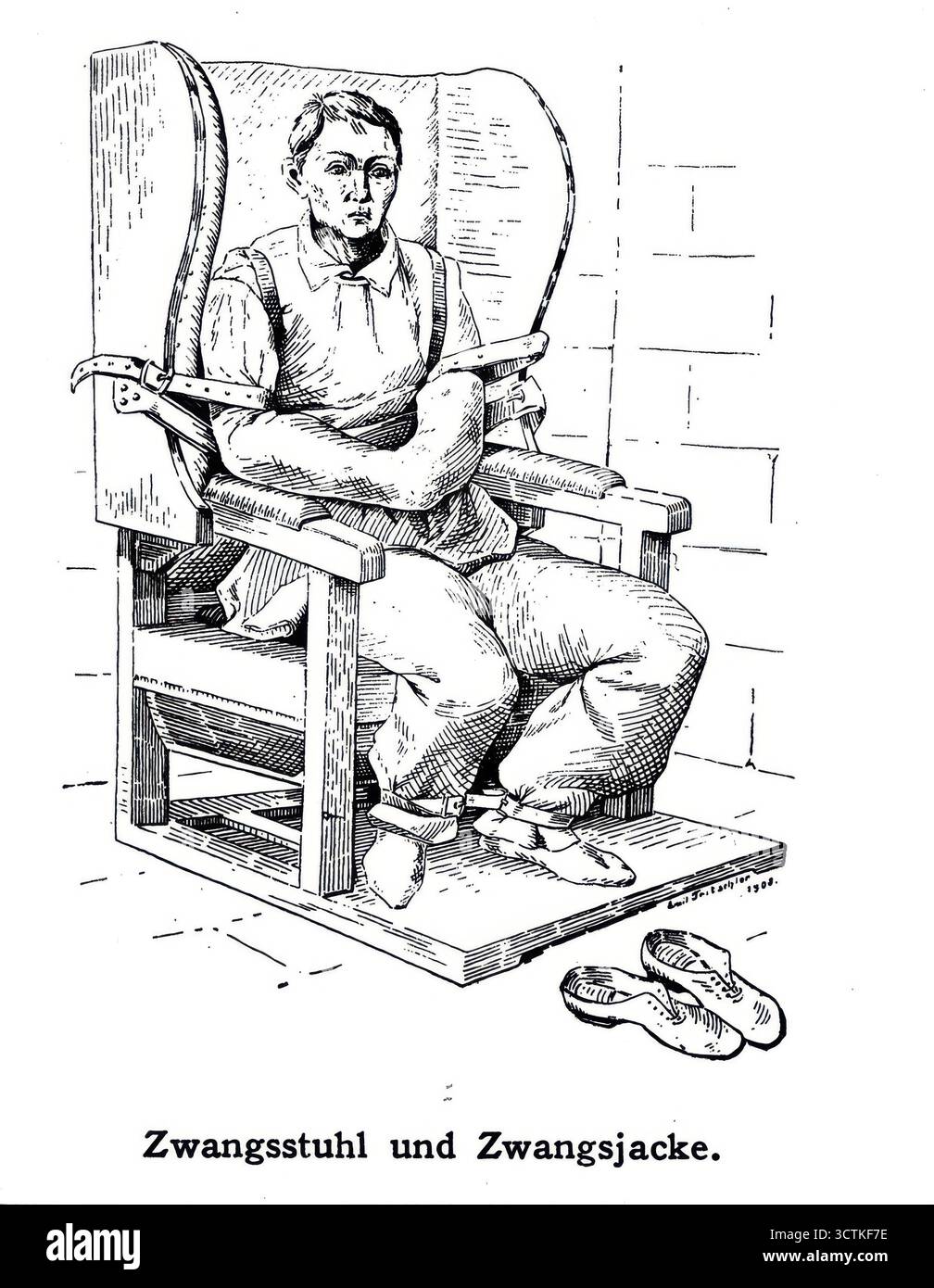 Un malade mental dans une veste droite et attaché à une chaise, 1908. Banque D'Images