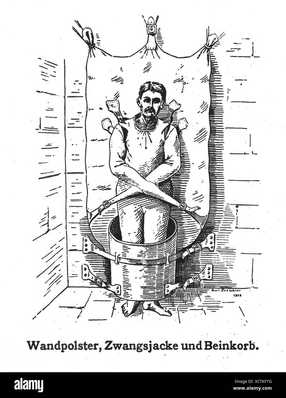 Un malade mental dans une veste de délit attachée au mur et un étrange engin en forme de tonneau autour de ses jambes, 1908. Banque D'Images